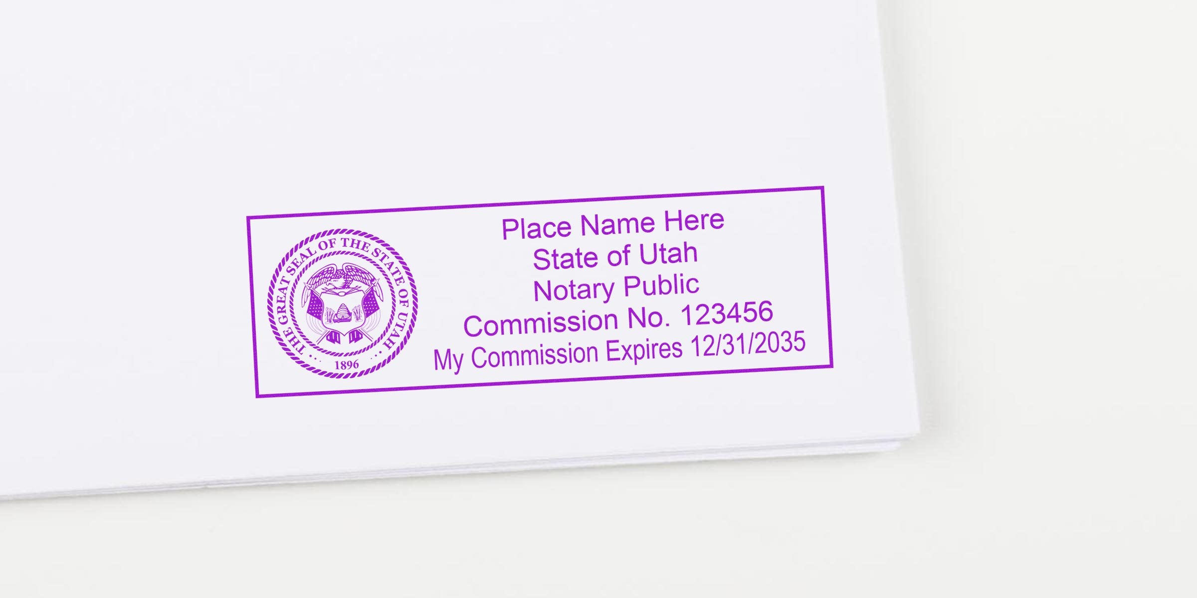 Purple Utah notary stamp and circular state seal on white paper showing placeholder name, "Notary Public," Commission No. 123456 and commission expiration 12/31/2035 — close-up of notary seal and rectangular stamp.