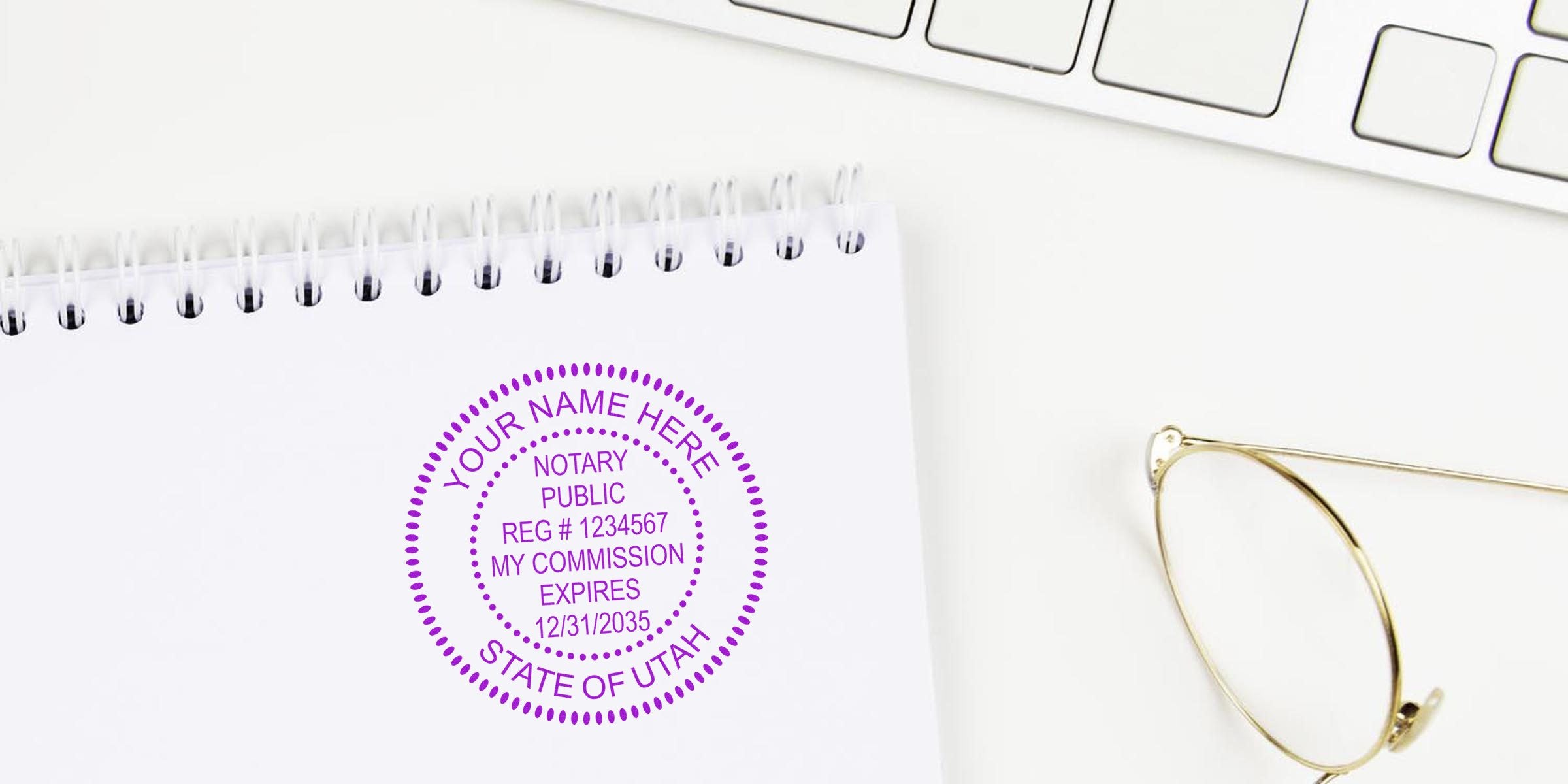 Top-down office desk scene with spiral notebook stamped in purple "Notary Public" sample seal, gold-rim glasses and white keyboard, notary stamp concept for notary services and document authentication