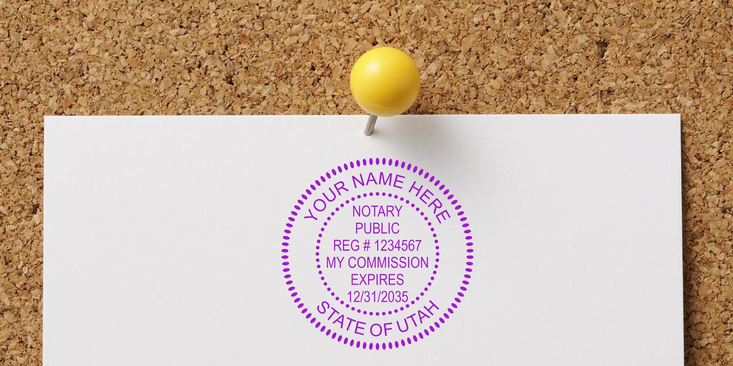 Yellow pushpin on corkboard holding blank white paper stamped with a purple circular notary seal reading "Your Name Here, Notary Public, Reg# 1234567, My Commission Expires 12/31/2035, State of Utah."