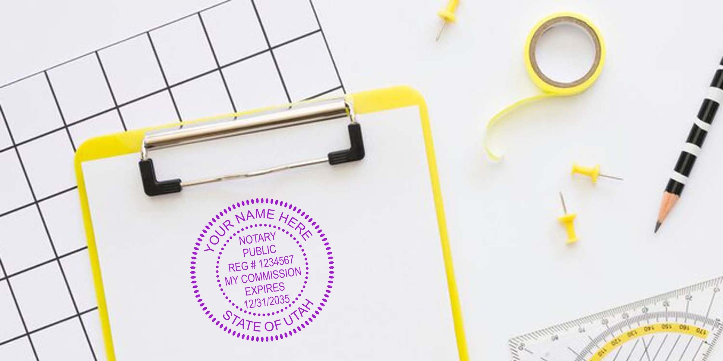 Top-down view of a yellow clipboard with blank paper stamped by a purple notary public seal, surrounded by yellow office supplies — tape, push pins, striped pencil and a protractor on a white grid background
