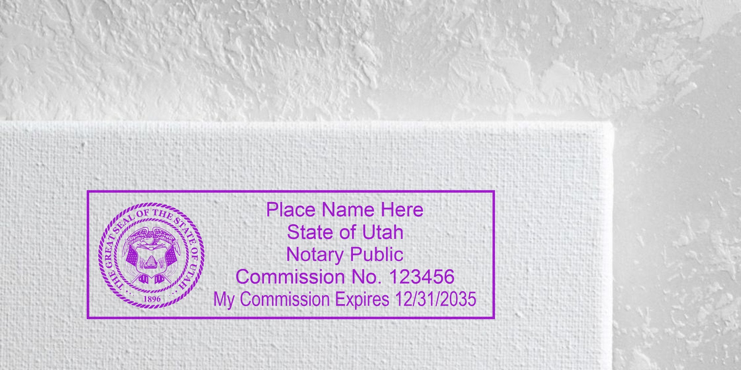Purple Utah notary public stamp on textured white canvas showing state seal, placeholder name, commission number and commission expiration date.