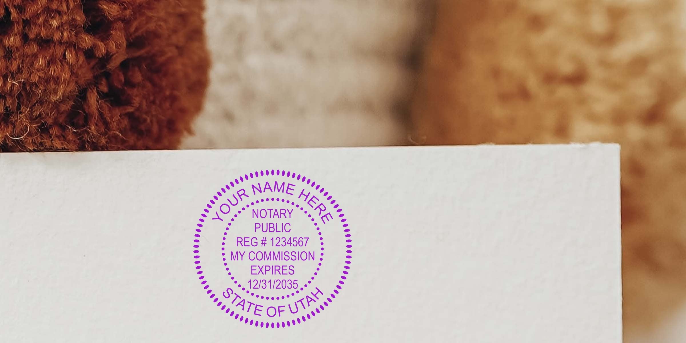Purple notary public seal stamped on white paper reading “Notary Public, Reg #1234567, My Commission Expires 12/31/2035, State of Utah” with textured brown background