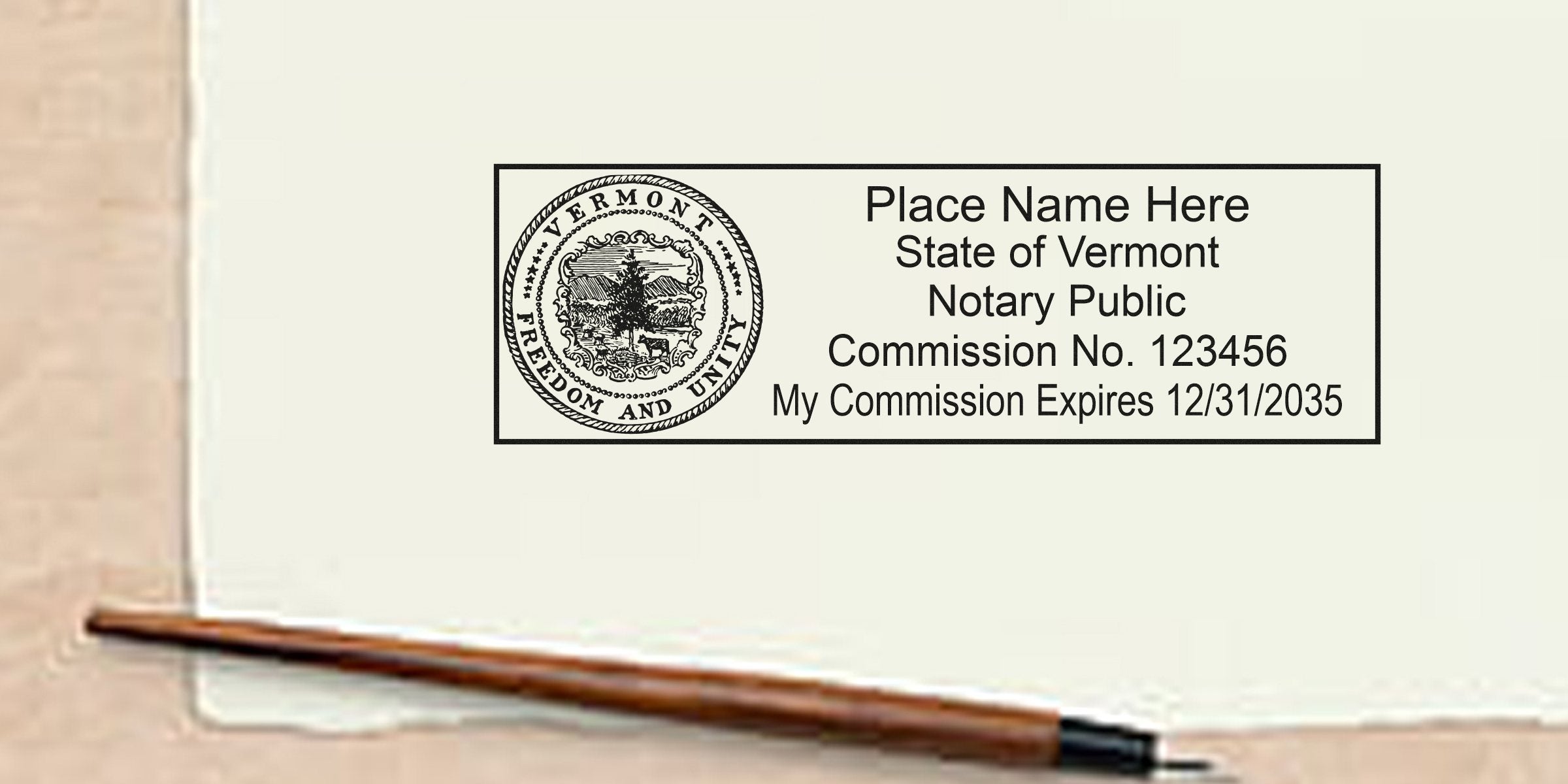 Template Vermont notary public seal and stamp on paper showing circular state seal, placeholder name, commission number 123456 and expiration 12/31/2035 with a fountain pen nearby