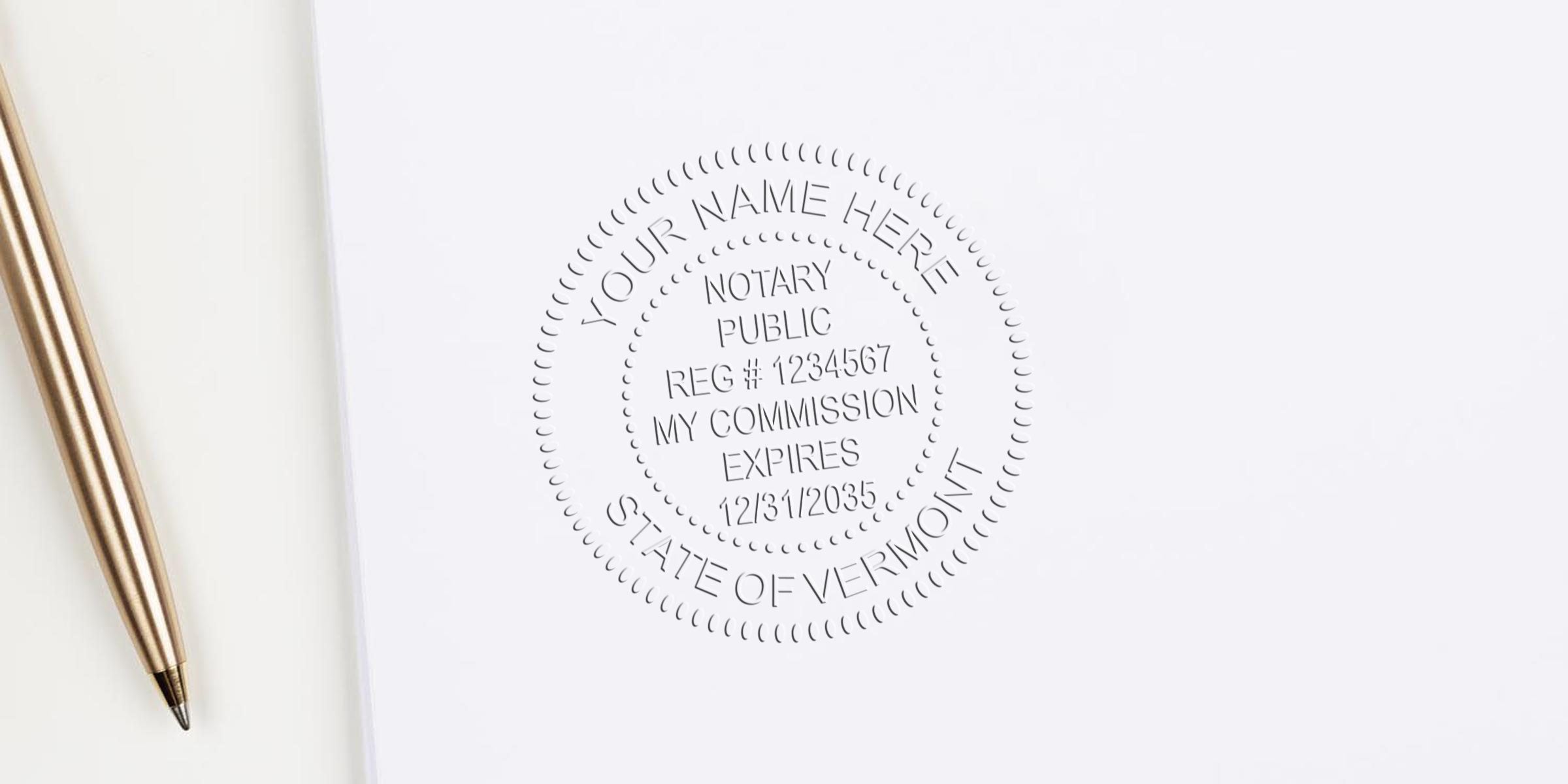 Embossed notary public seal for State of Vermont on white paper with gold ballpoint pen beside it, showing registration number placeholder, commission expiration date and customizable name — close-up of document embossing
