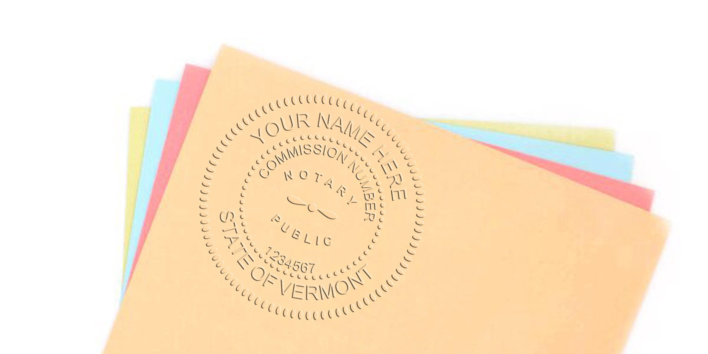 Stack of pastel file folders with an embossed notary public seal reading "State of Vermont" and placeholder commission number.