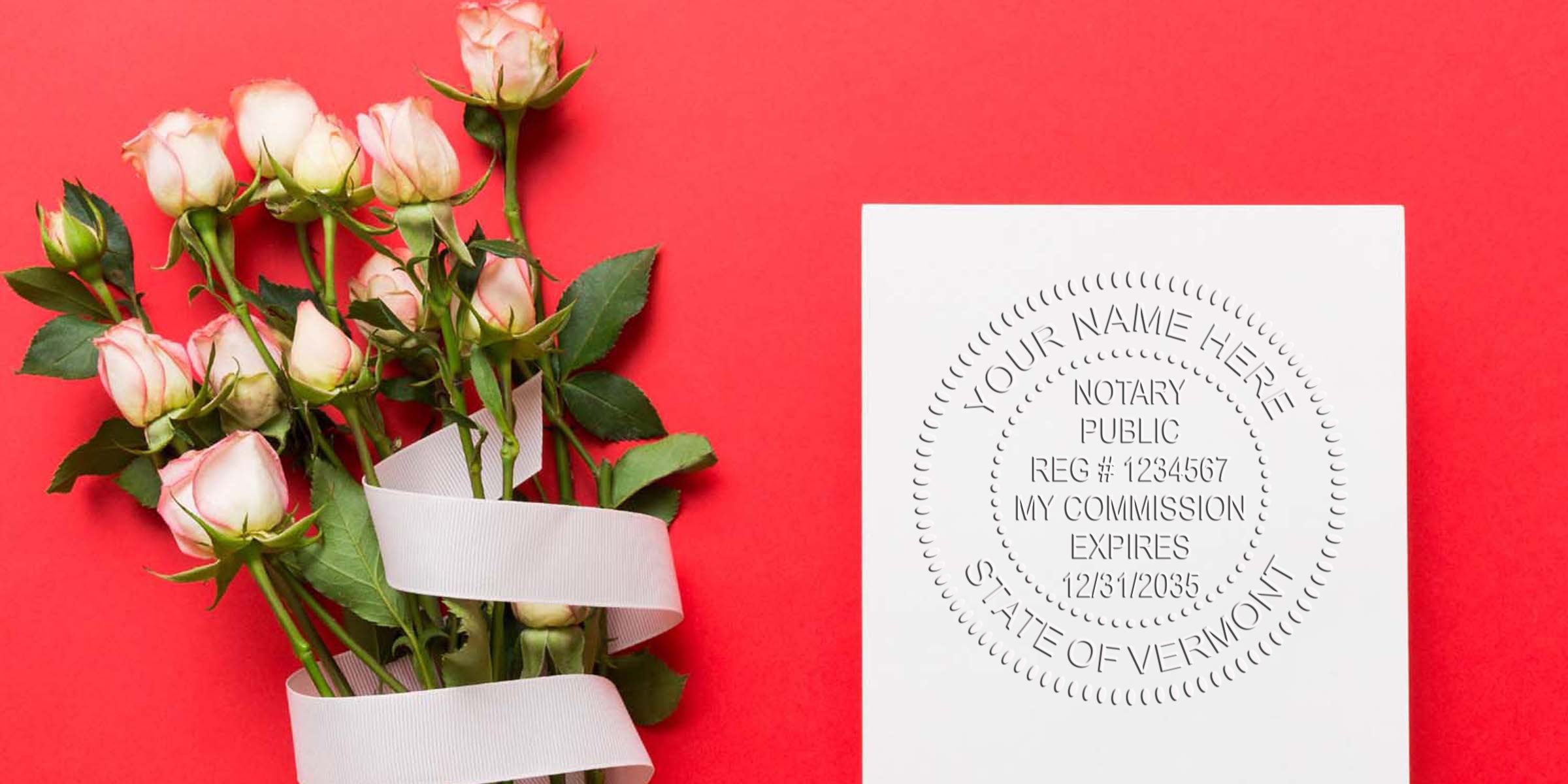 Bouquet of pale pink roses tied with a white ribbon on a red background beside a white card embossed with a notary public seal reading "State of Vermont"