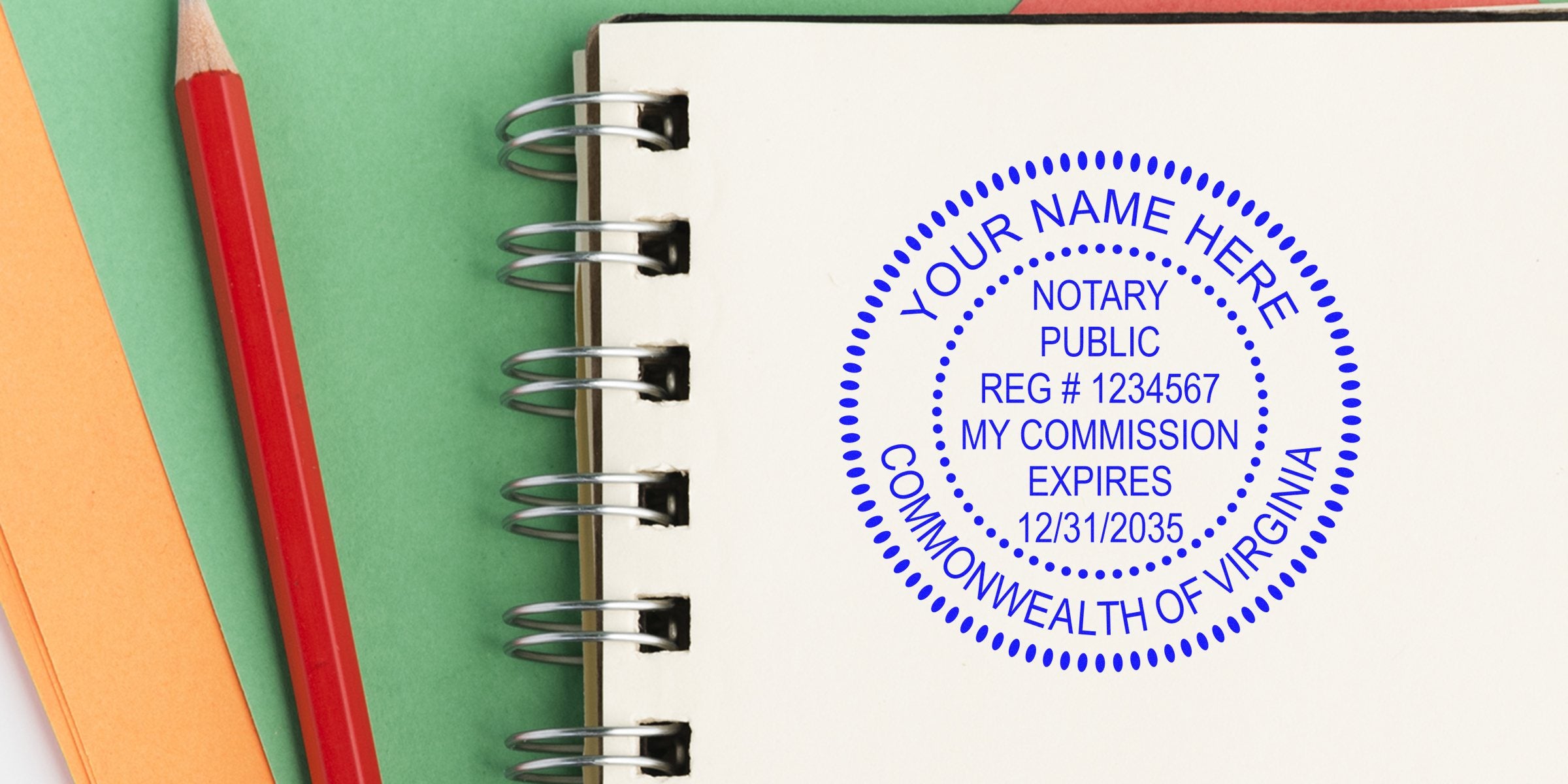 Blue notary public stamp reading "Commonwealth of Virginia" on a white spiral notebook page next to a red pencil and colored folders
