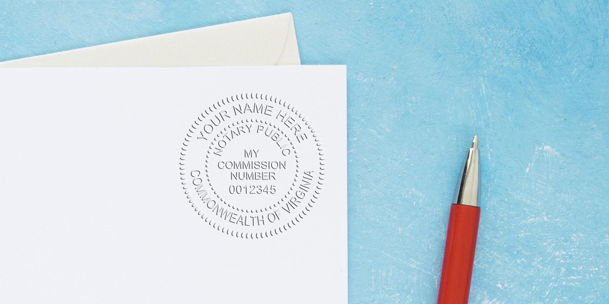 Embossed notary seal impression on white paper reading "Notary Public" and commission number, beside a red pen on textured blue background — professional notary document and stationery image