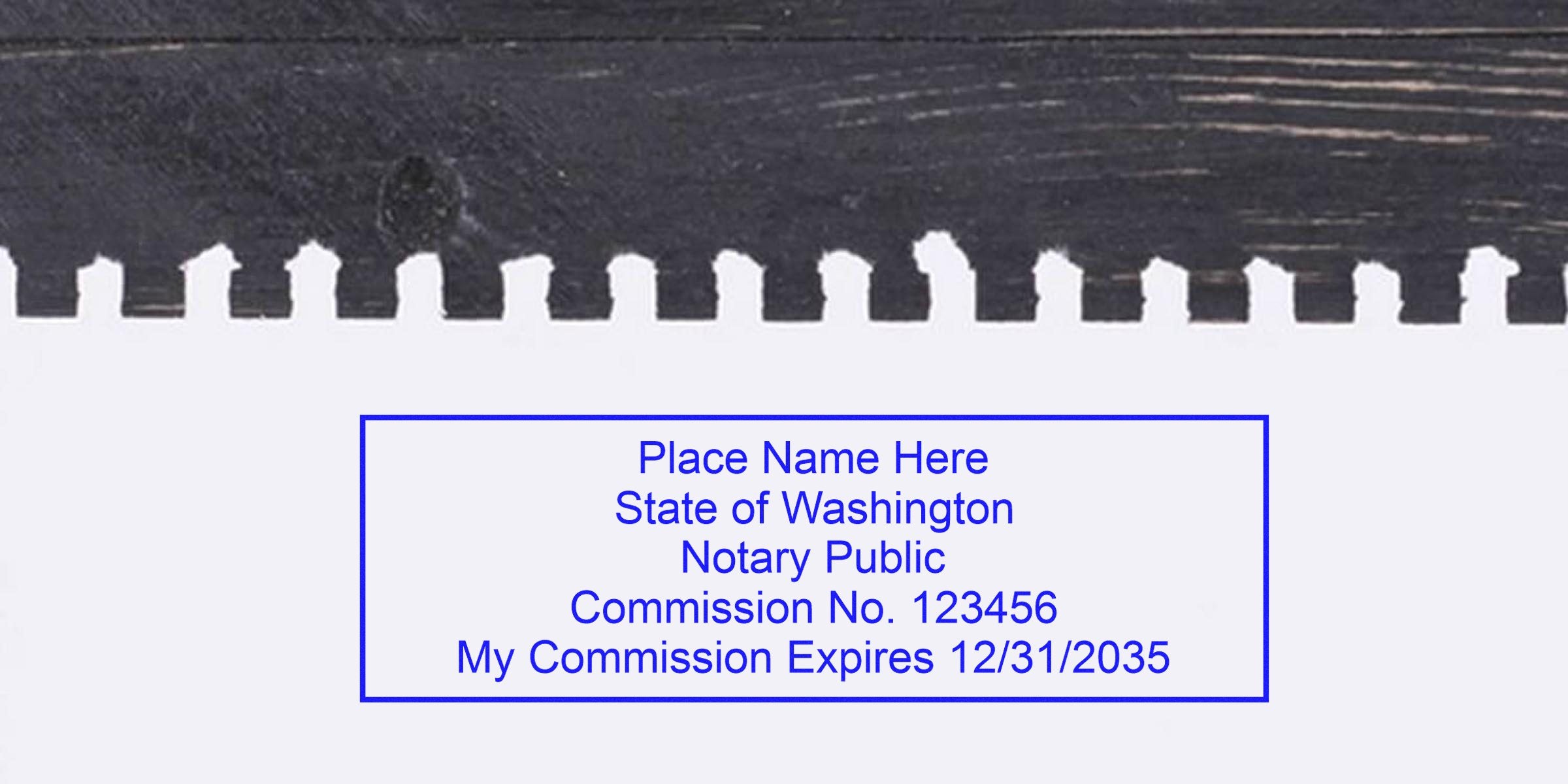 Blue rectangular Washington notary public stamp on torn notebook paper reading "Place Name Here, Commission No. 123456, My Commission Expires 12/31/2035"