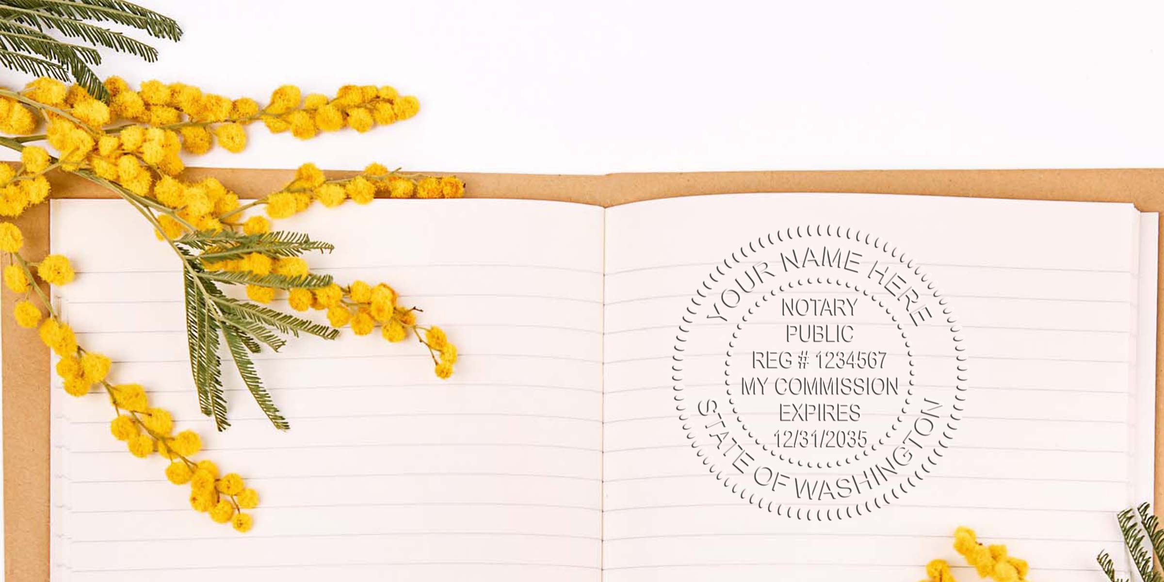 Open lined notebook with yellow mimosa sprigs arranged on left and bottom, circular notary public stamp watermark on right page.
