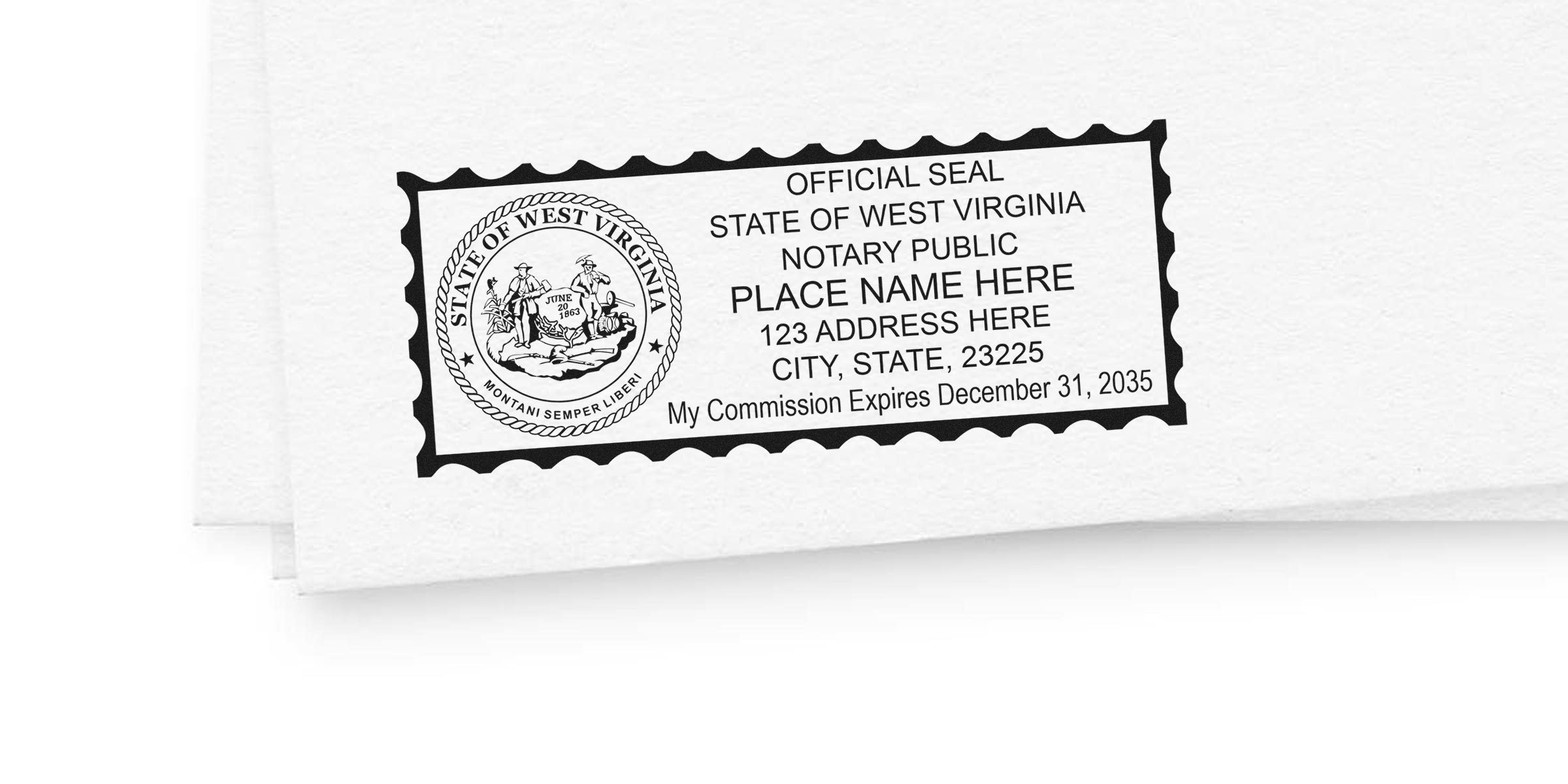 Black notary stamp on white paper showing West Virginia official state seal inside a scalloped rectangular border, placeholder text for notary name, address, city, ZIP and commission expiration date — West Virginia notary seal stamp.