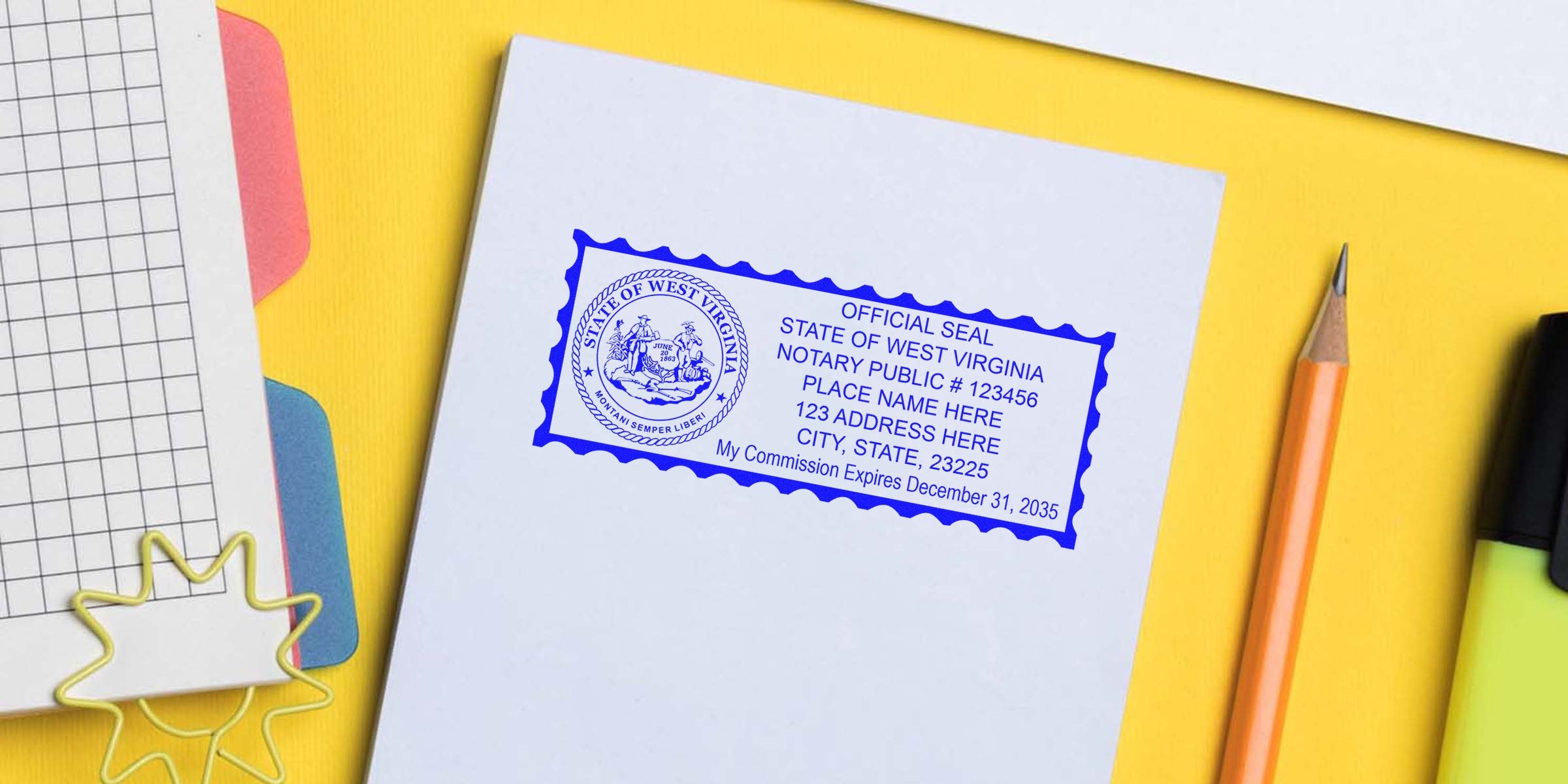 Blue notary stamp imprint with Official Seal of West Virginia on white document, placed on yellow desk with pencil, highlighter and grid notebook — notary stamp office supplies.