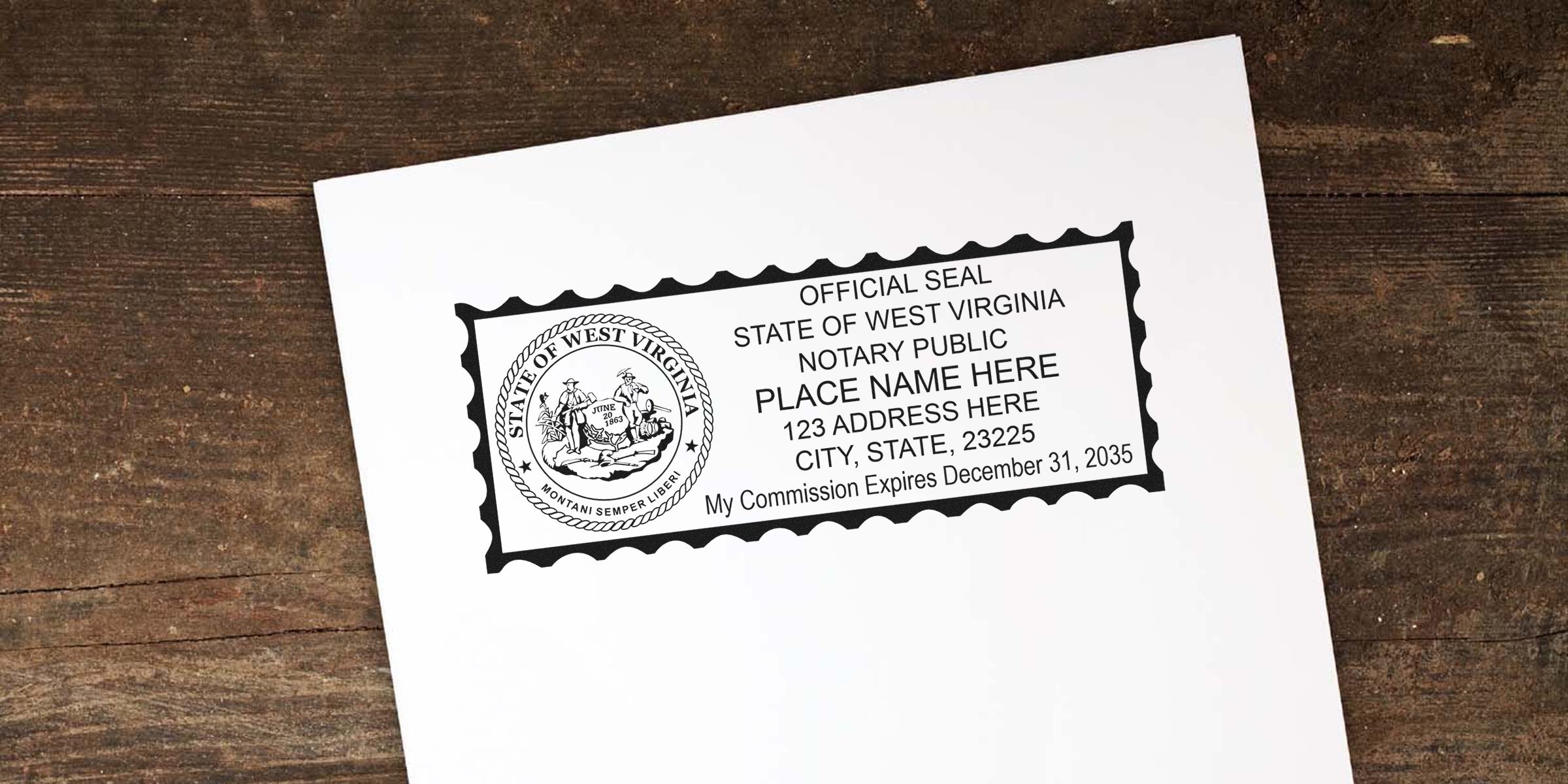 Notary public stamp template on white paper showing the State of West Virginia official seal, scalloped rectangular border and placeholder name, address and commission expiration text.