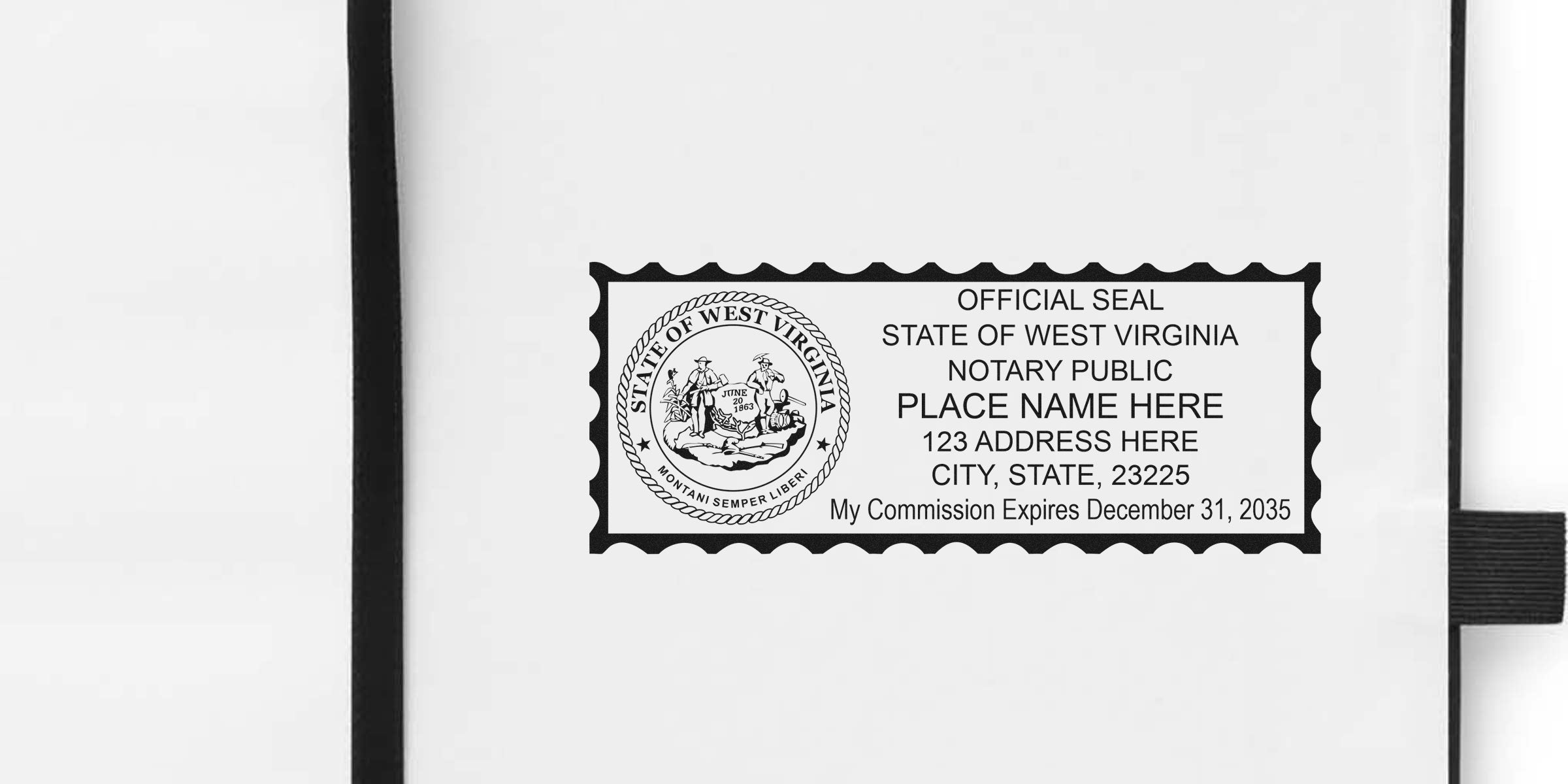 West Virginia notary public official seal stamp template with state seal, placeholder name and address, commission expiration line, and black scalloped rectangular border — notary stamp mockup for documents and certification