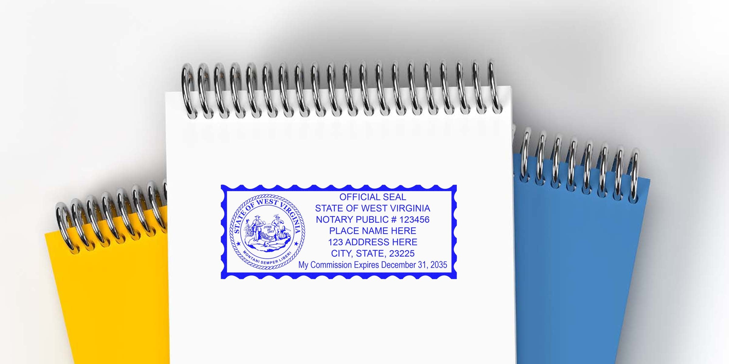 Blue West Virginia notary public seal stamp on white spiral-bound notebook page, mockup with yellow and blue spiral notebooks in background