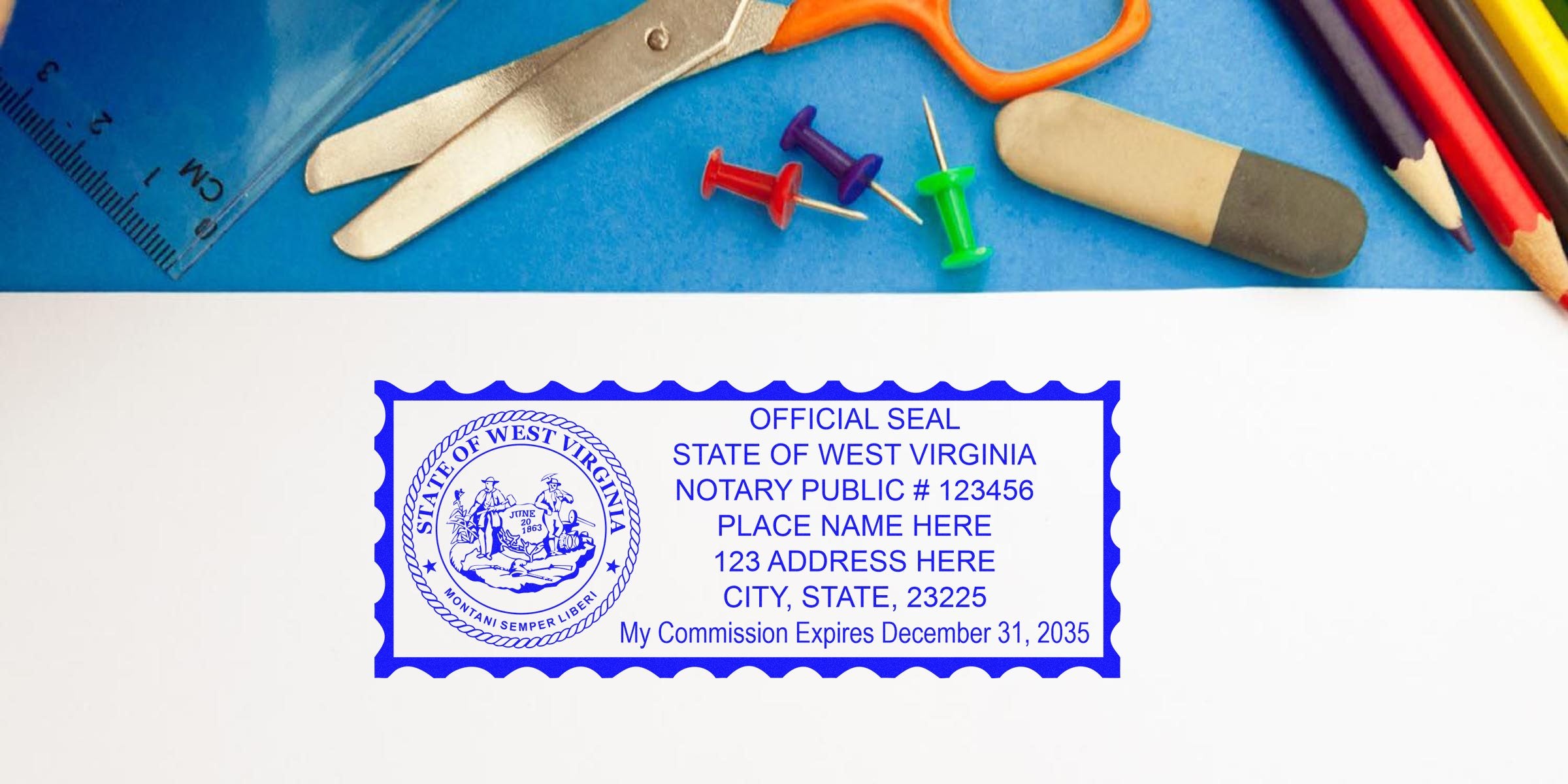 Blue West Virginia notary public seal stamped on white paper with ruler, scissors, eraser, colored pencils and push pins on a blue background