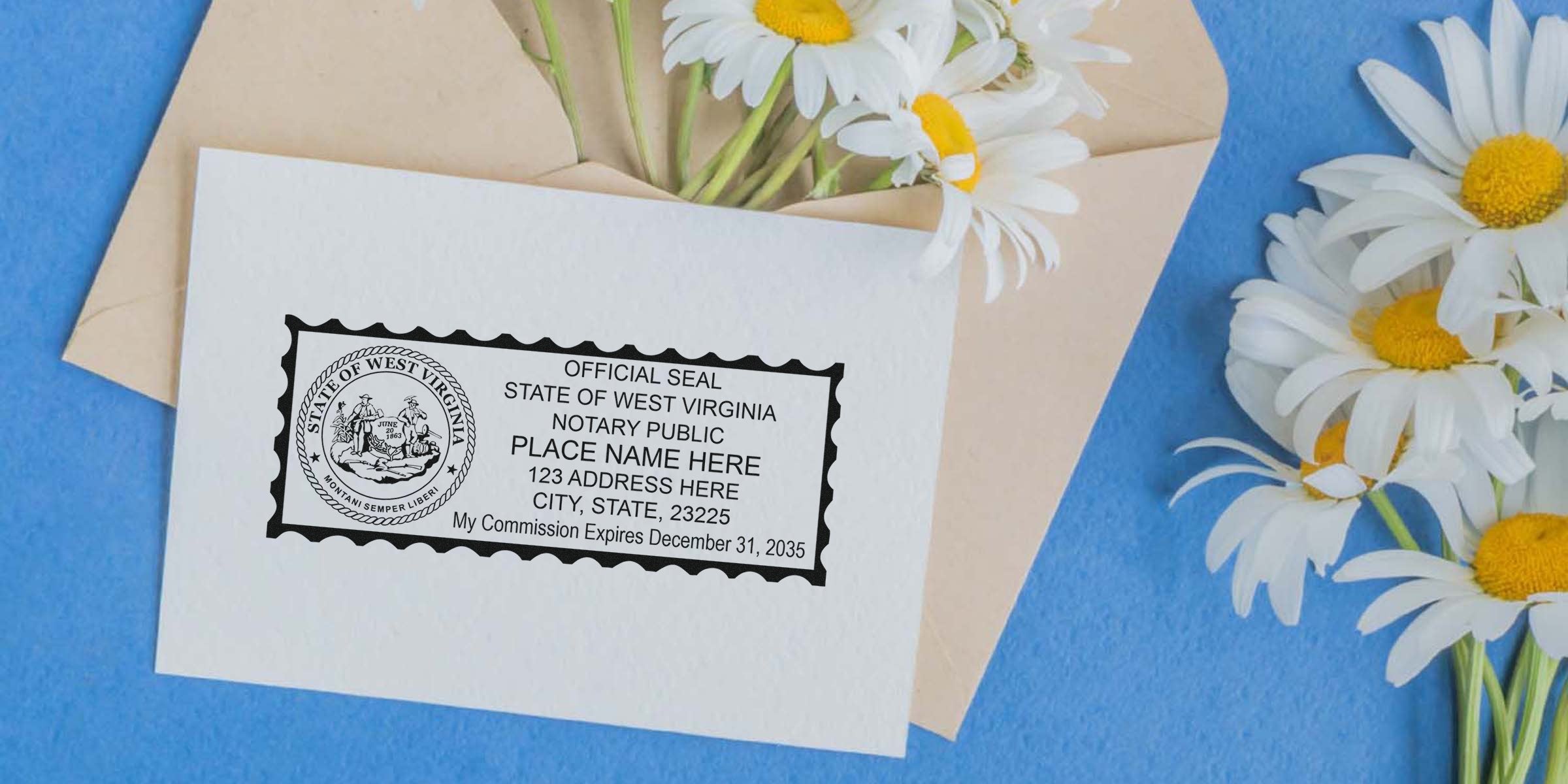 White card showing a West Virginia notary public official seal and sample block text, tucked into a beige envelope with white daisies on a blue background