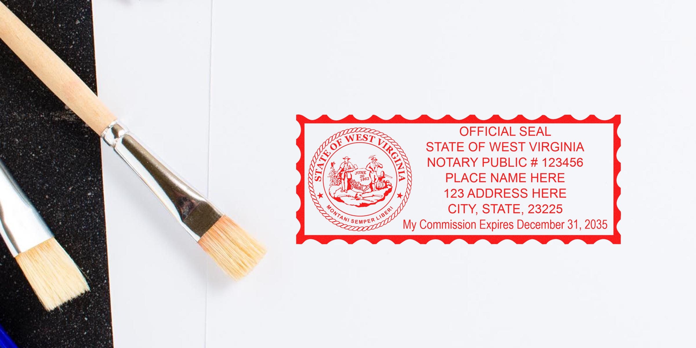 Red rectangular notary stamp impression for State of West Virginia showing official seal, sample notary name, address and commission expiration printed on white paper beside two paintbrushes
