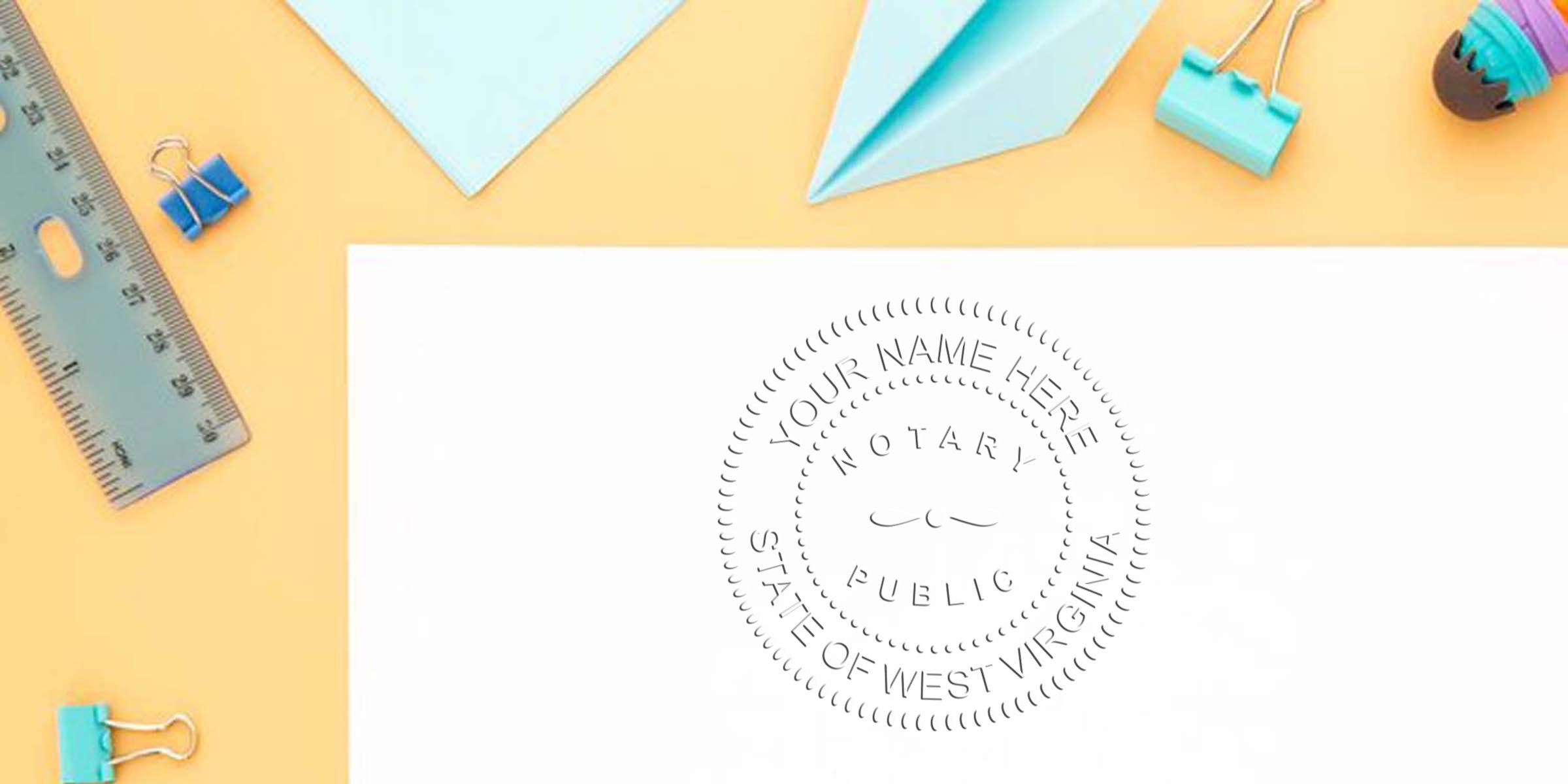 Notary public embossing seal reading "State of West Virginia" on white paper surrounded by pastel office supplies including a ruler, binder clips, paper airplane and eraser