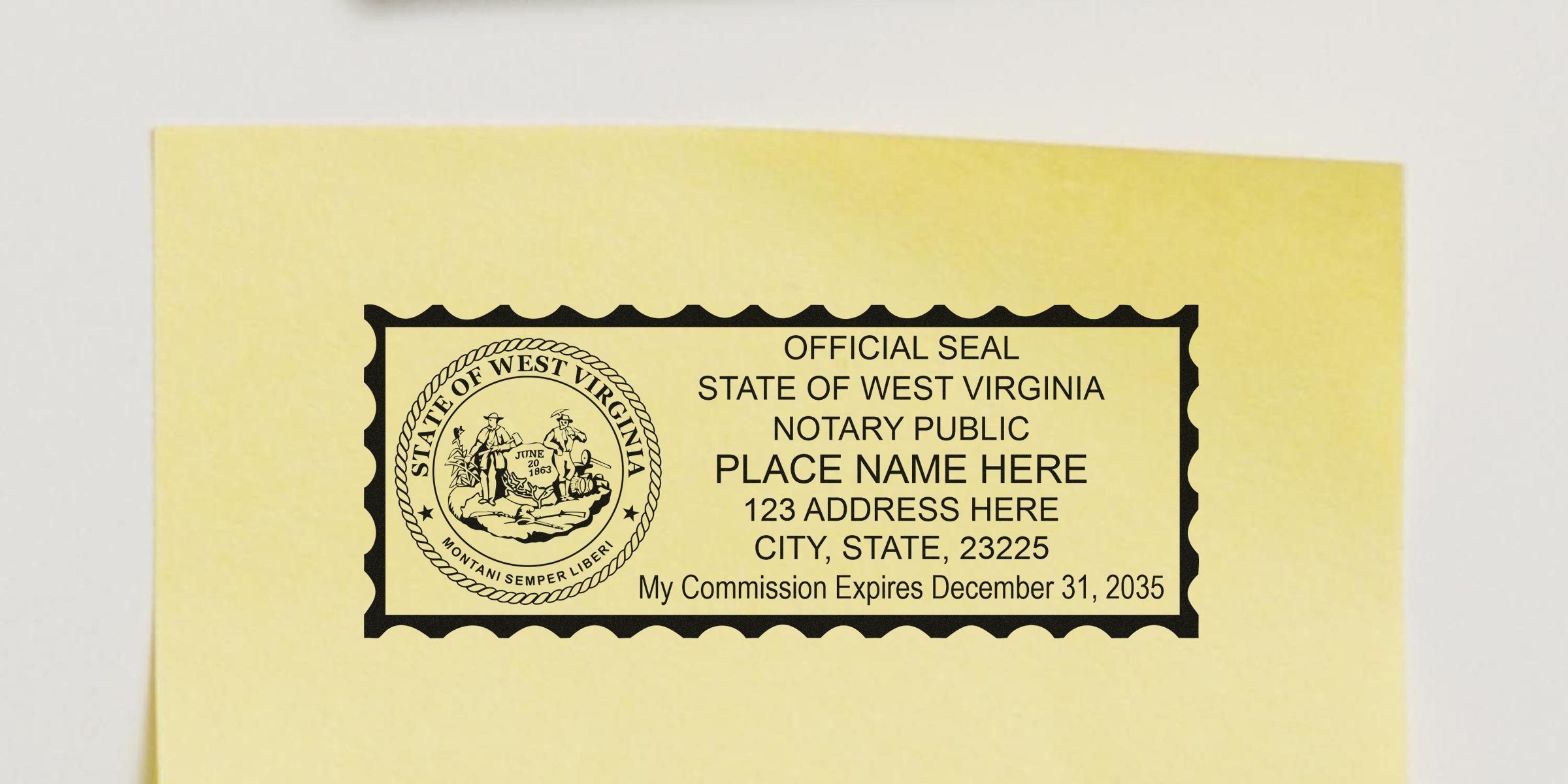 Yellow rectangular notary seal label showing the State of West Virginia official seal on the left and customizable notary name, address and commission expiration text on the right — notary seal stamp label.