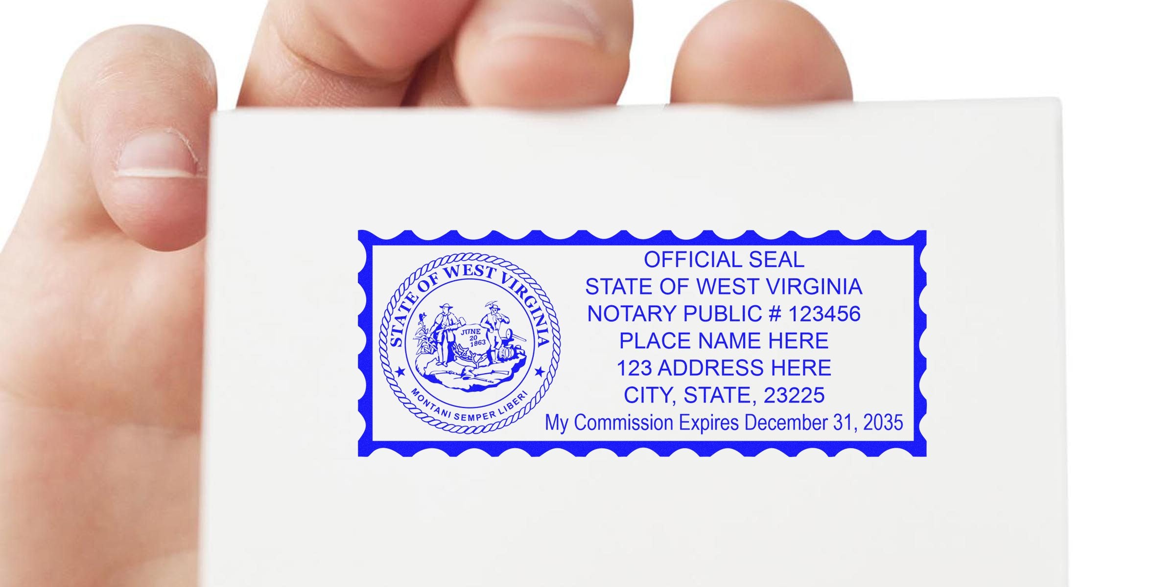Hand holding white card with blue West Virginia notary public official seal stamp showing circular state seal and placeholder name, address, commission expiration text.