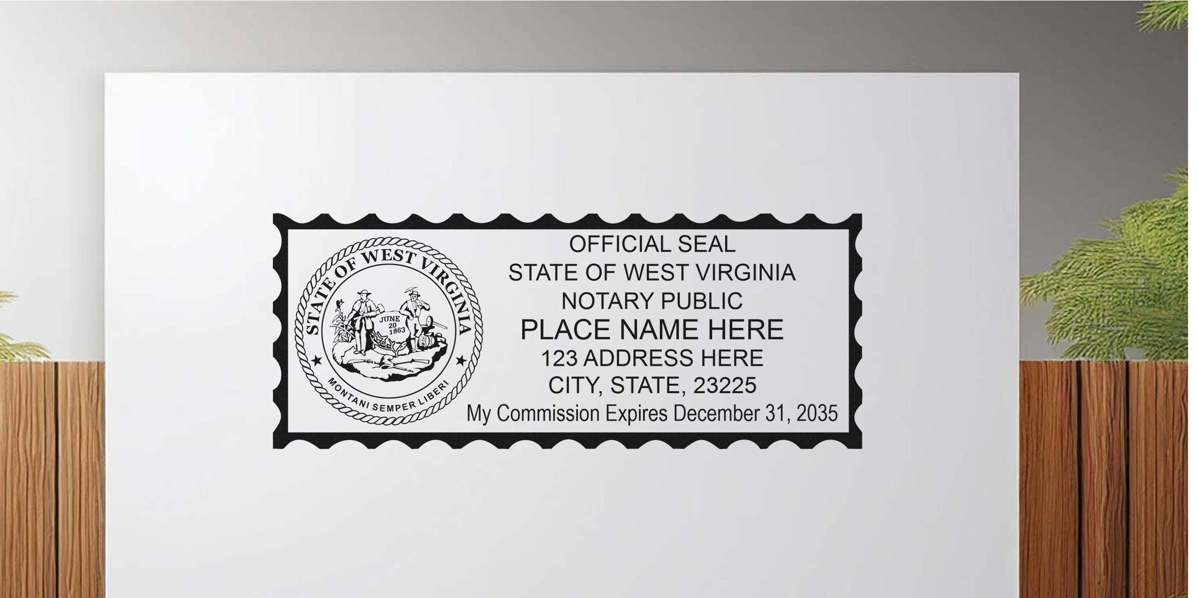 West Virginia notary public seal stamp design with state seal on left, scalloped rectangular border and placeholder name, address, and commission expiration date.