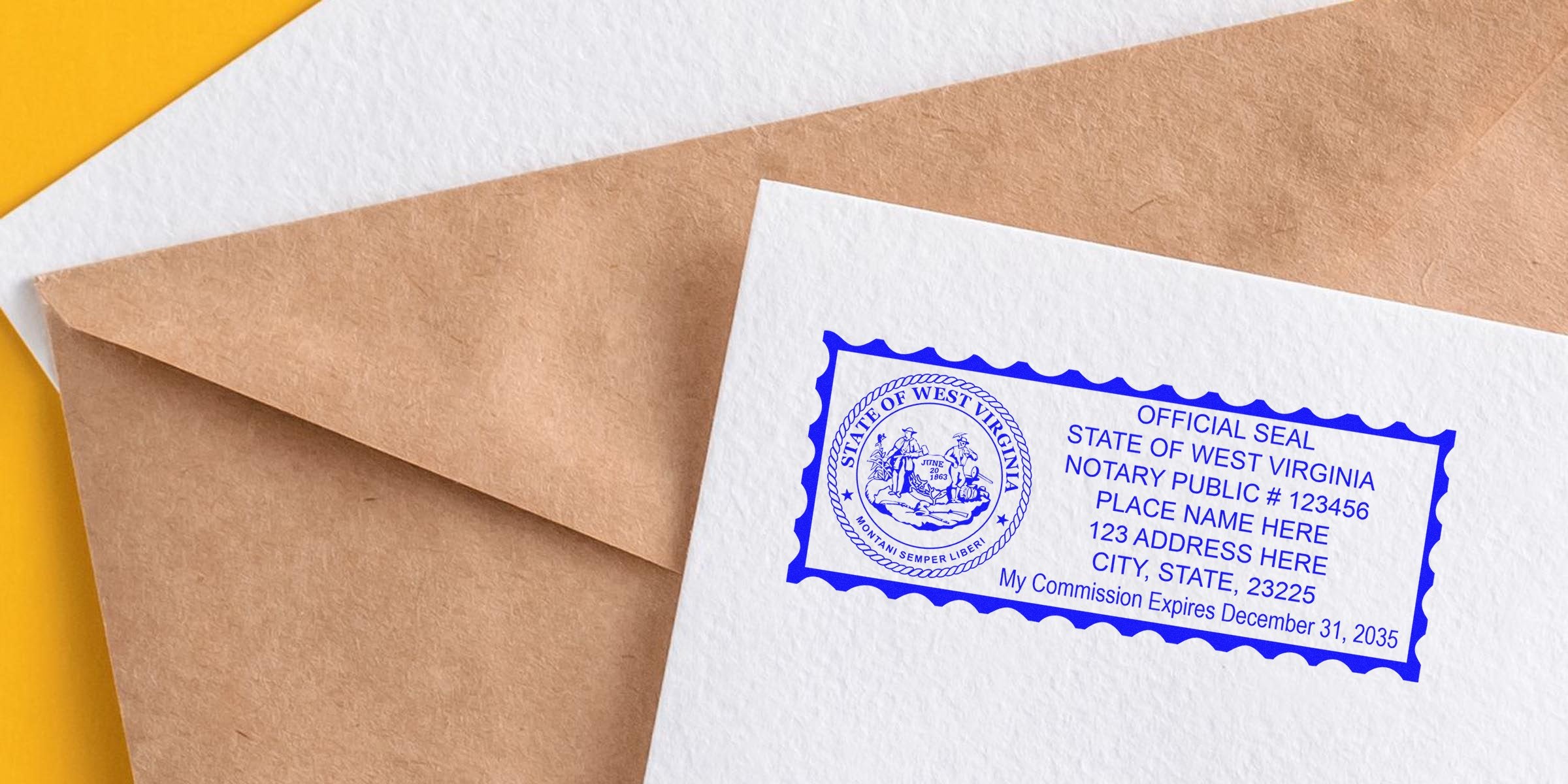 Brown kraft envelope with white card stamped in blue official West Virginia notary seal and notary public information, notary stamp details visible