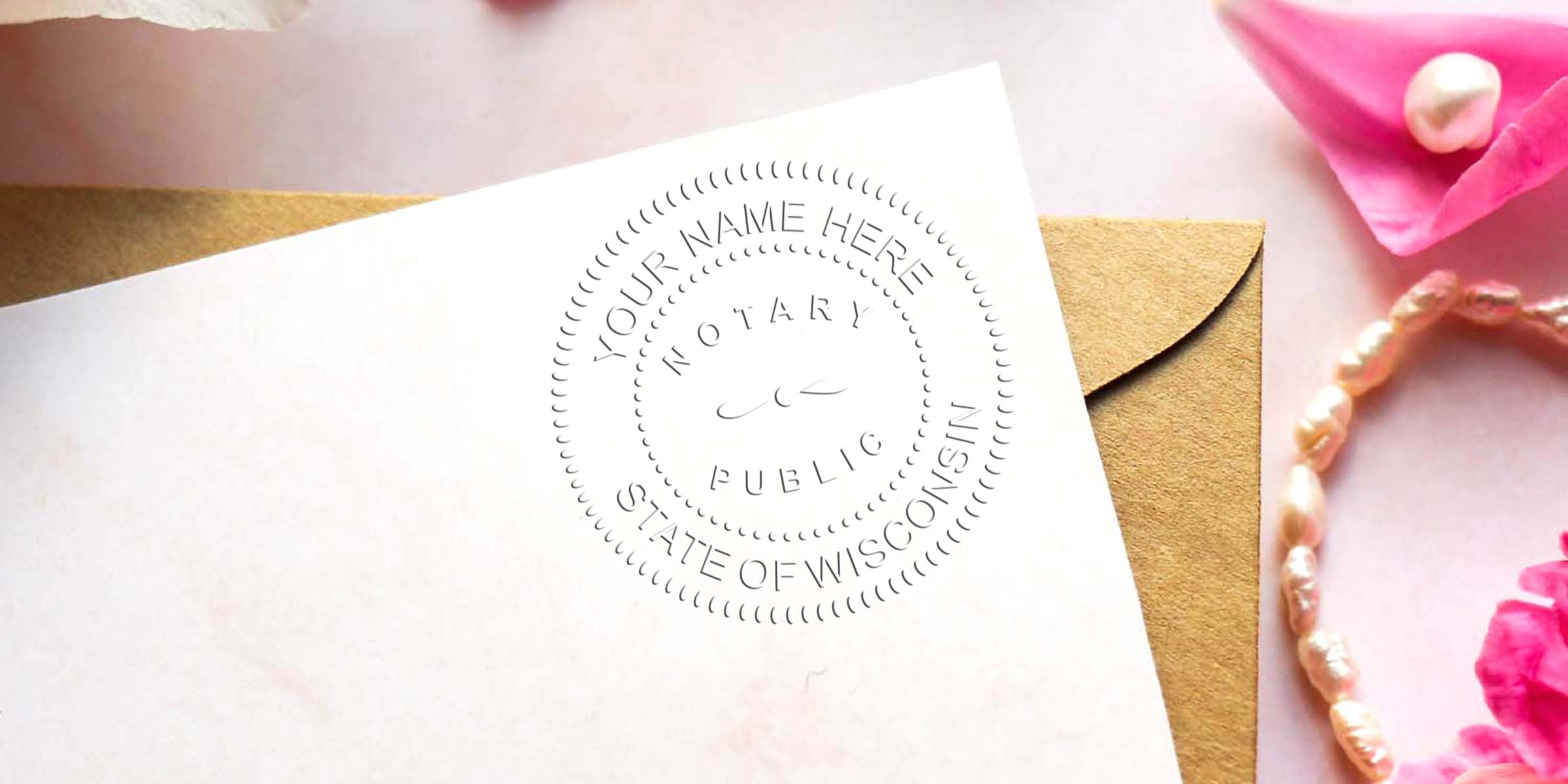Embossed notary public seal on white stationery above kraft envelope, styled flatlay with pink flowers and pearl bracelet, elegant paperwork image