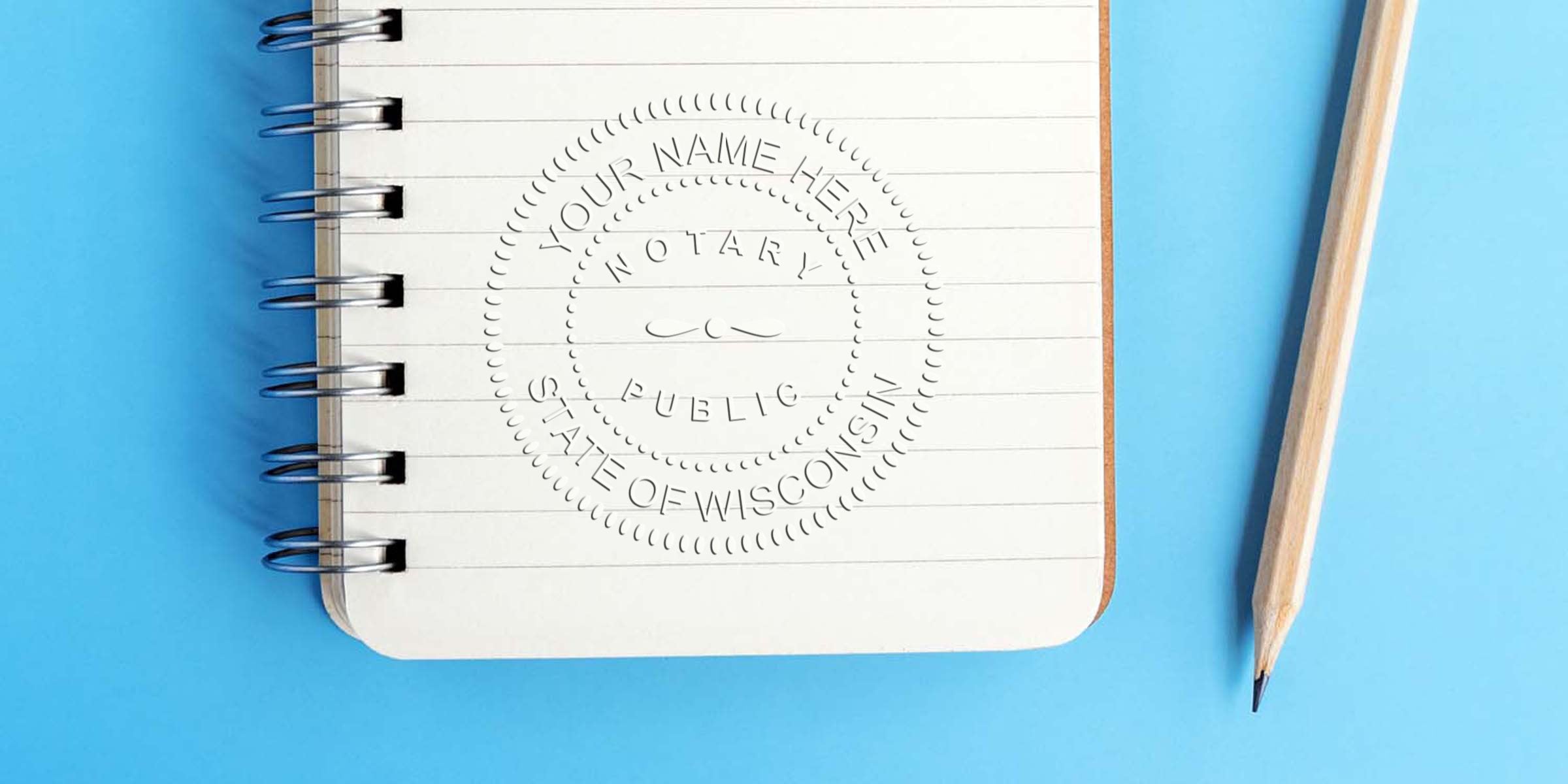 Spiral notebook with embossed notary public seal reading "Your Name Here, State of Wisconsin" on lined page, wooden pencil on blue background — notary, legal and office stationery concept for certification and signing