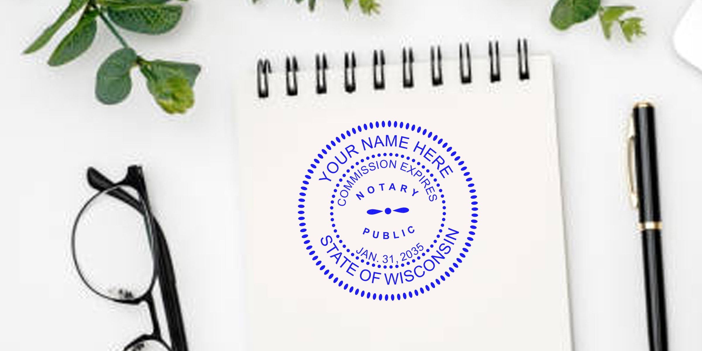 Blue Wisconsin notary public seal mockup stamped on spiral notebook with black pen, eyeglasses and green desk plants, notary stamp office branding image
