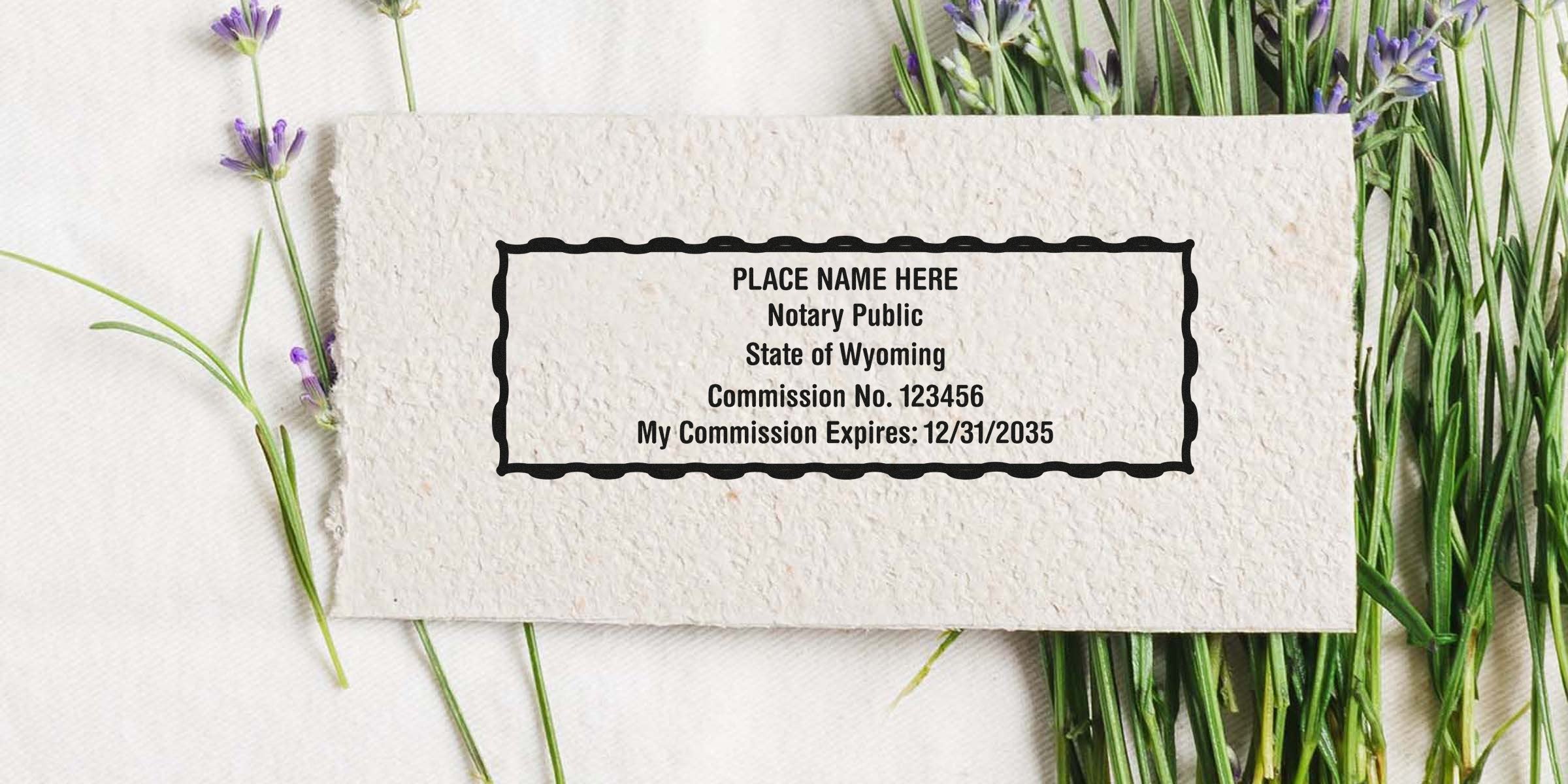 Notary public stamp mockup on textured recycled paper with lavender sprigs — editable Wyoming notary template with commission details placeholder