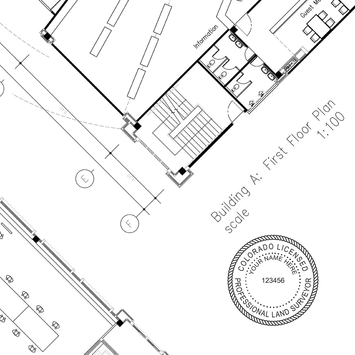 Blueprint of a building's first floor plan with a Colorado Land Surveyor Stamp Seal in the bottom right corner. Blog post: Colorado Land Surveyor Stamp Seals.