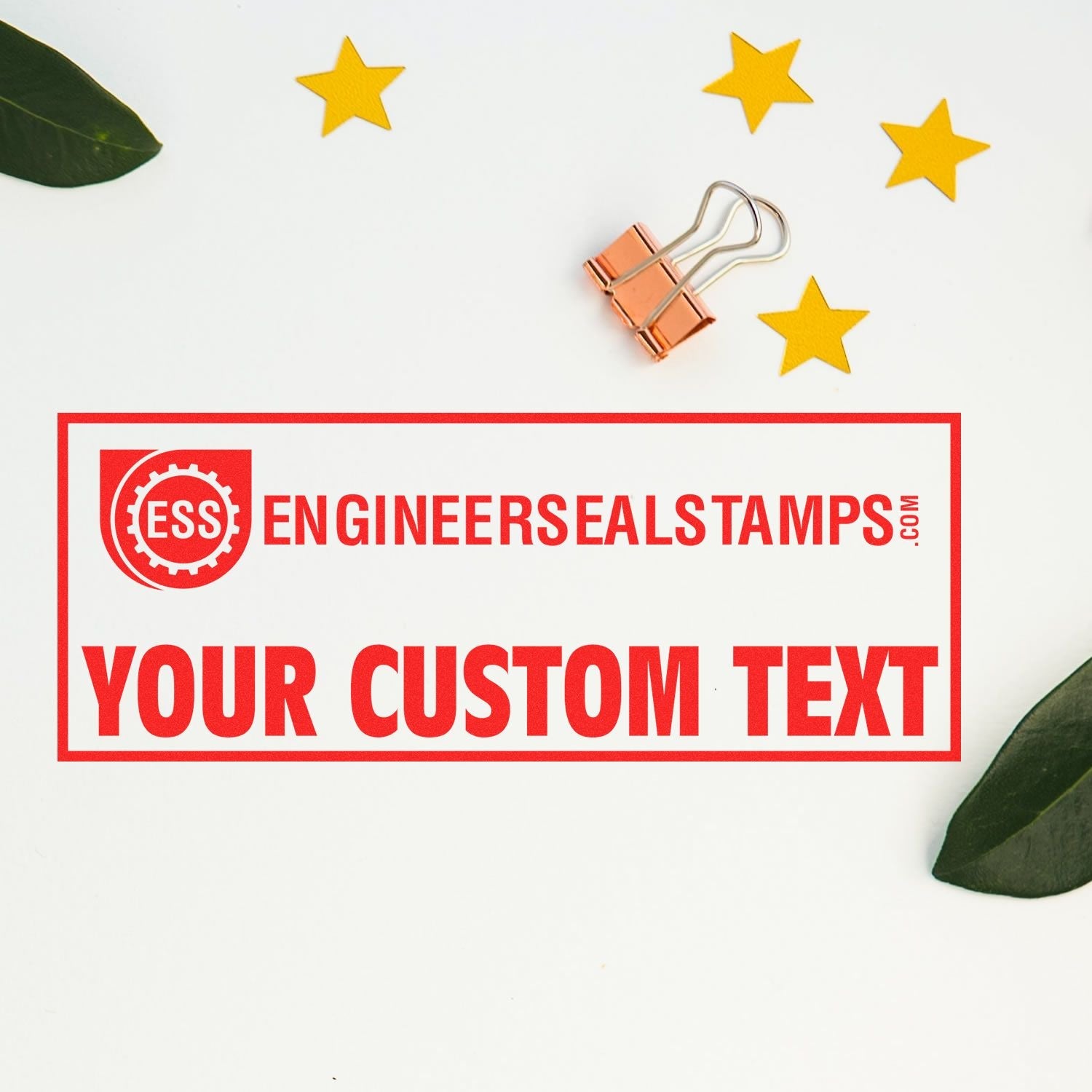 Image of a custom red stamp with ENGINEERSEALSTAMPS.COM and YOUR CUSTOM TEXT for the blog post Imprint Your Authority: The Essential Attorney Stamps Guide Feature Image .