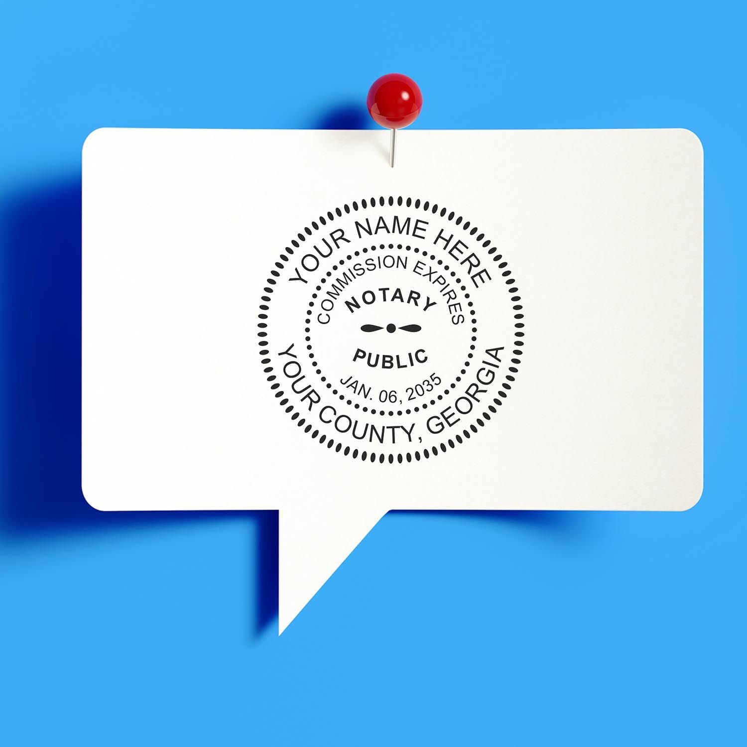 Georgia Notary Supplies Blog Image: A notary public stamp impression on a white speech bubble pinned to a blue background.