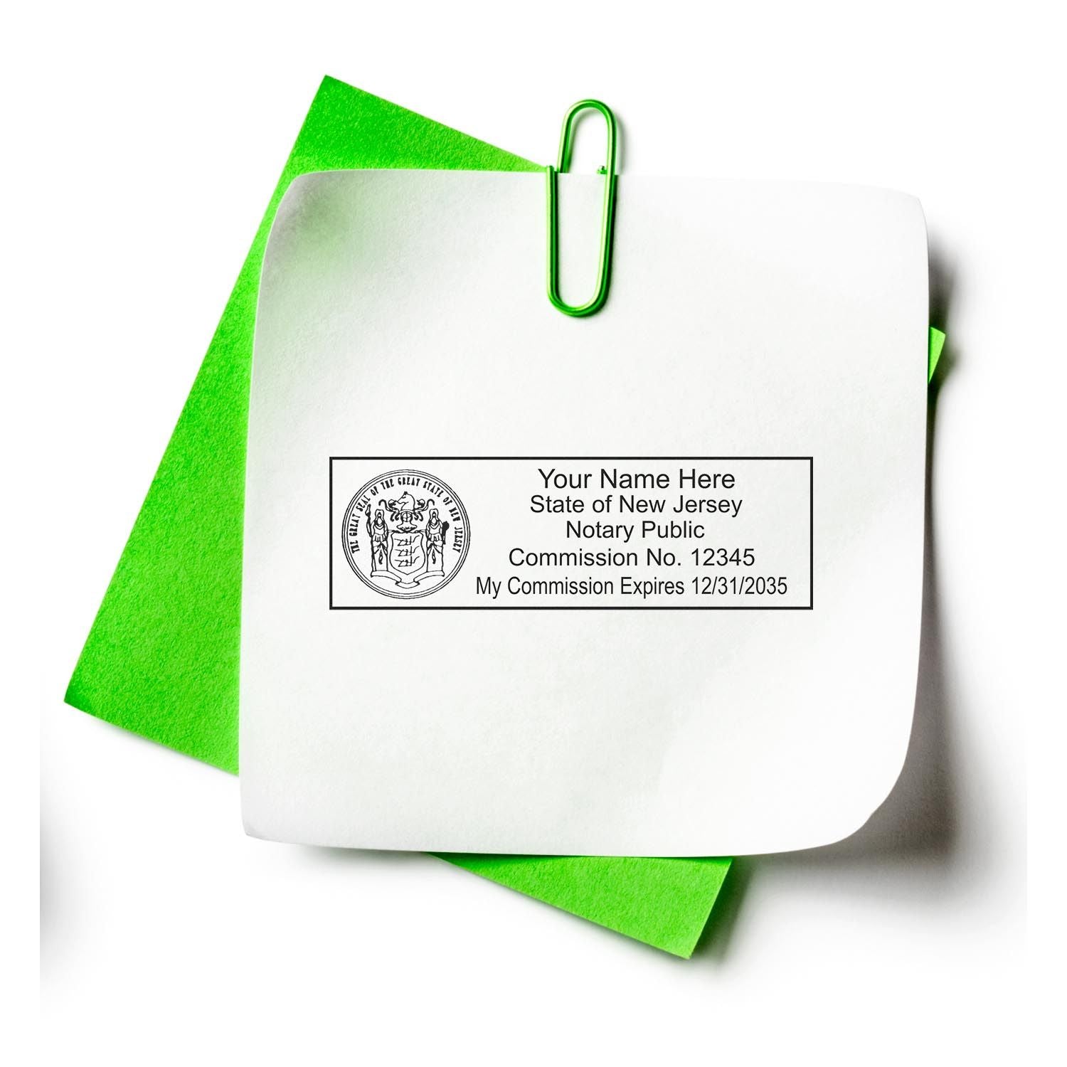 Image of a New Jersey Notary Public rectangular stamp on a white paper clipped to a green folder. New Jersey Notary Supplies Blog Post Feature Image.