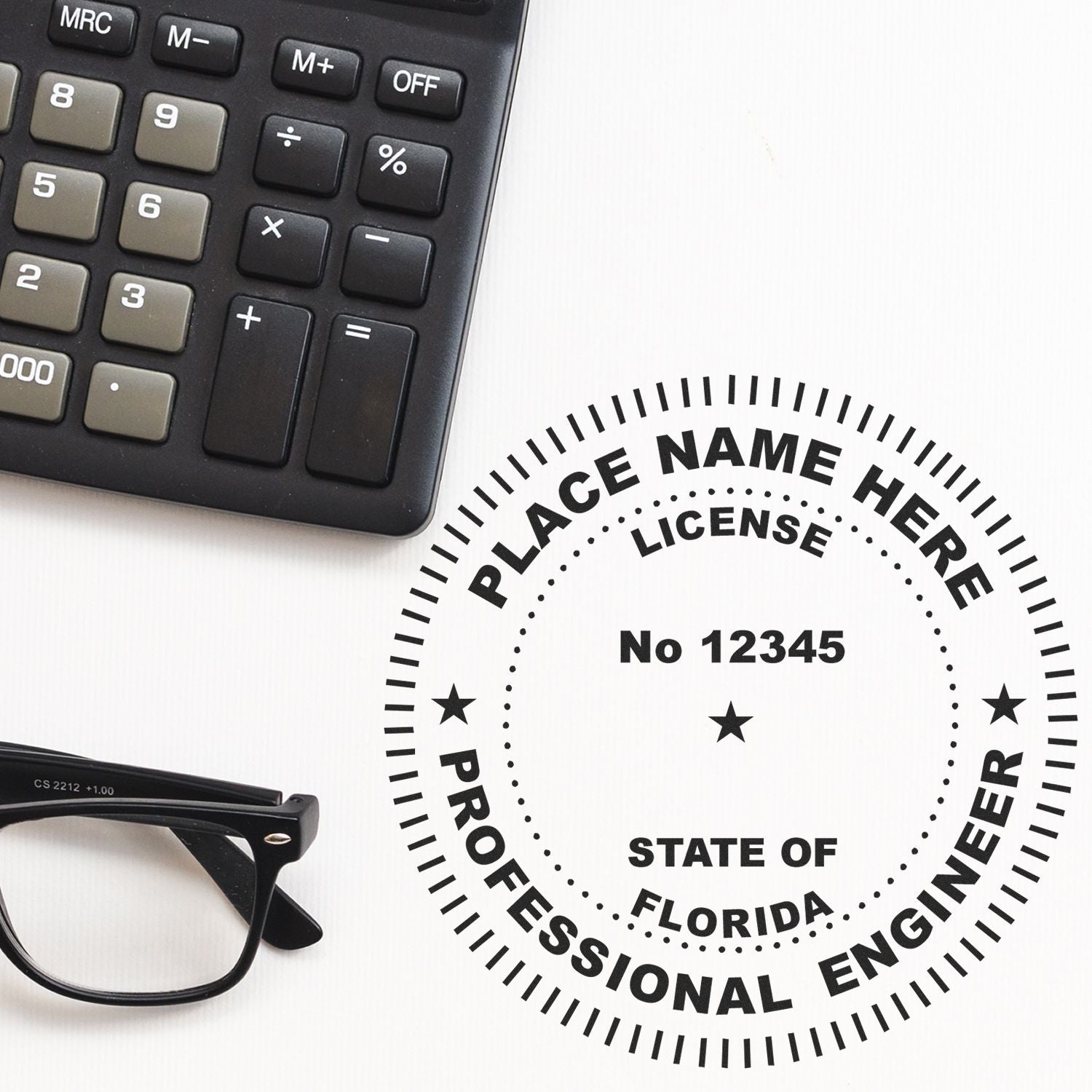 Mastering the Art: Selecting the Right Florida PE Seal Size Feature Image - Calculator, glasses, and Florida PE seal on a white surface.