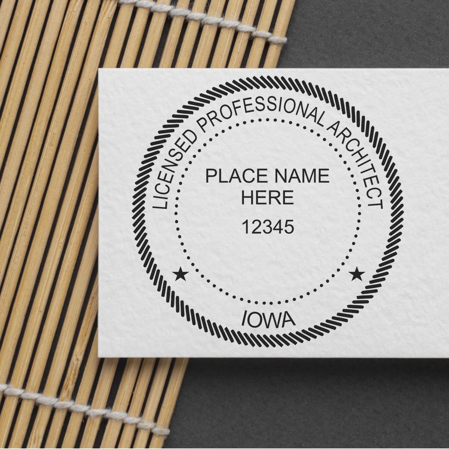 Feature image for the blog post 'Stamping Success: Finding Your Iowa Architect Stamp Made Easy' showing an Iowa architect stamp on a card.