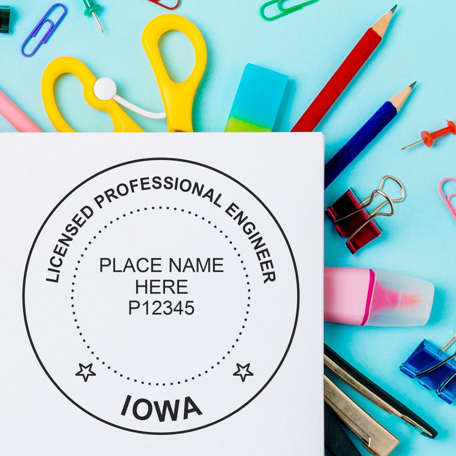 Feature image for blog post 'Revealing the Essentials: Iowa PE Stamp Requirements Decoded' showing an Iowa PE stamp surrounded by office supplies.