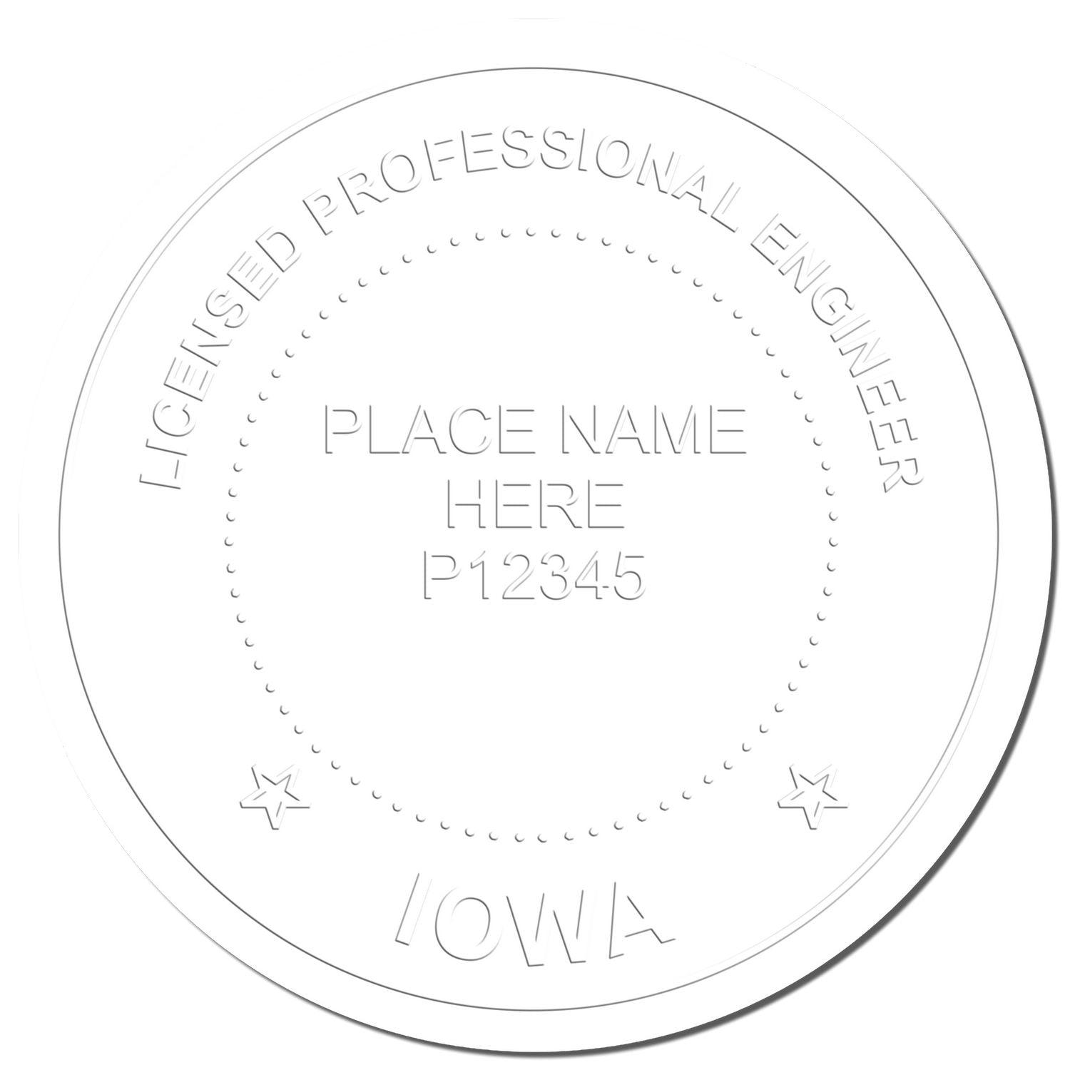 Iowa Professional Engineer Embossing Seal showing a circular imprint with 'Licensed Professional Engineer' and 'Iowa' text, and placeholder details.