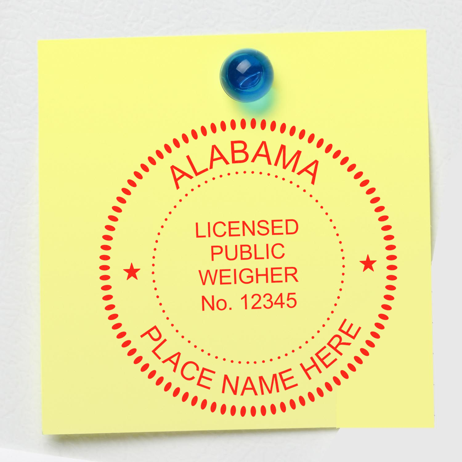 Yellow sticky note with ALABAMA LICENSED PUBLIC WEIGHER No. 12345 PLACE NAME HERE in red text, pinned with a blue pushpin. Blog post: Stay Compliant: Understanding Weighmaster Regulations Feature Image.