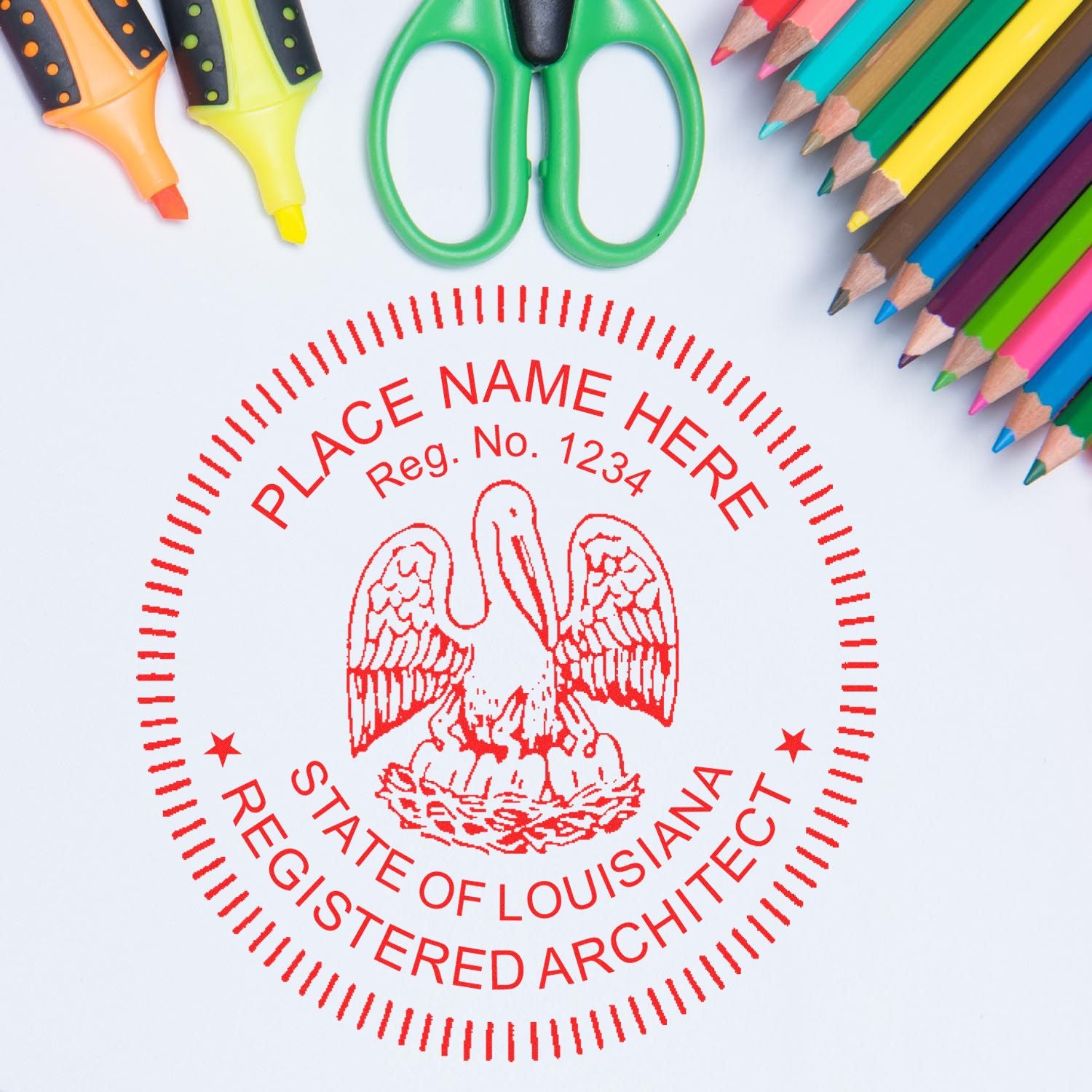 Image of Louisiana Architect Seal surrounded by colorful stationery. Blog post: The Power of Compliance: Louisiana Architect Seal Regulations Feature Image.