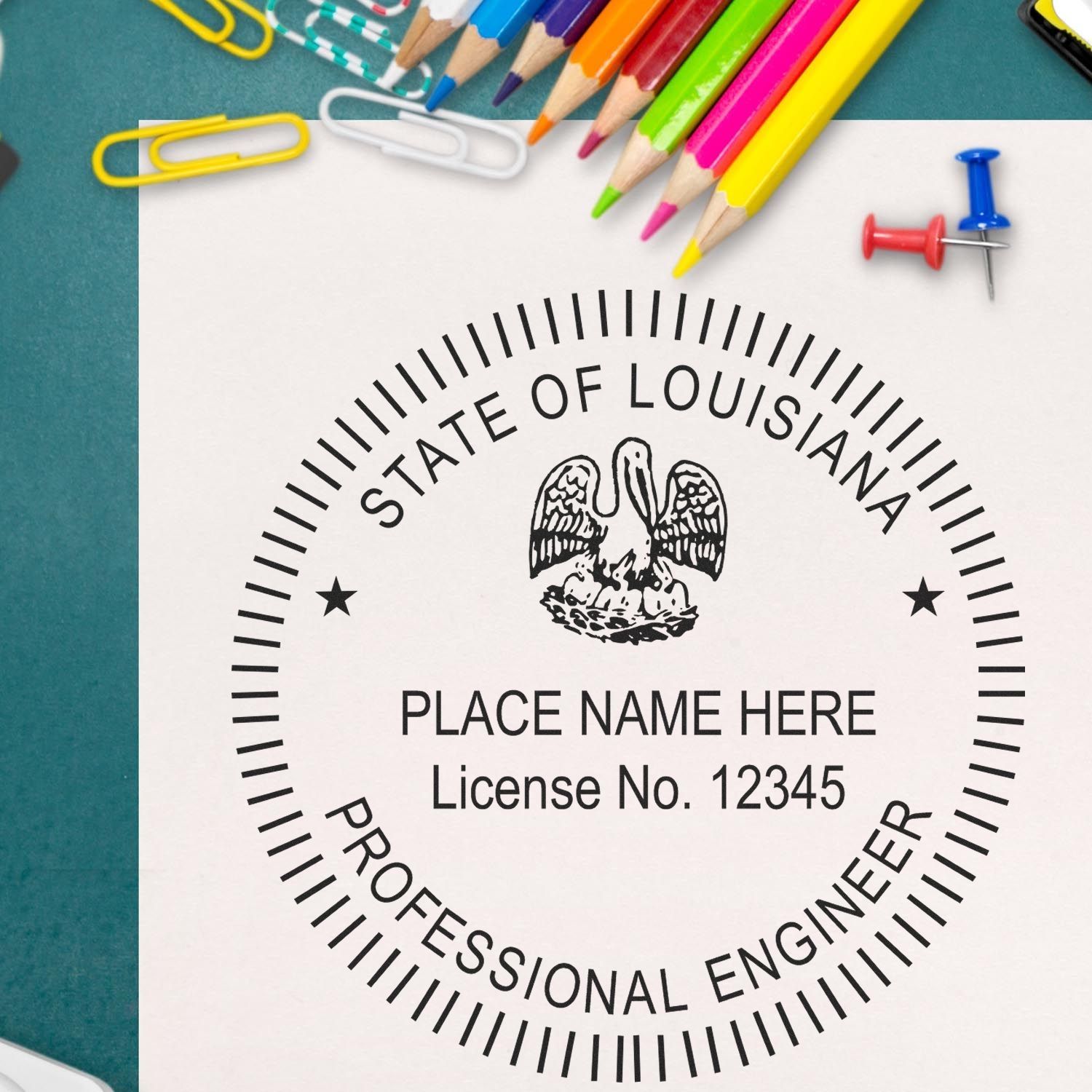 Mastering the Rules: Louisiana PE Stamp Regulations Explained Feature Image showing a Louisiana Professional Engineer stamp with office supplies.