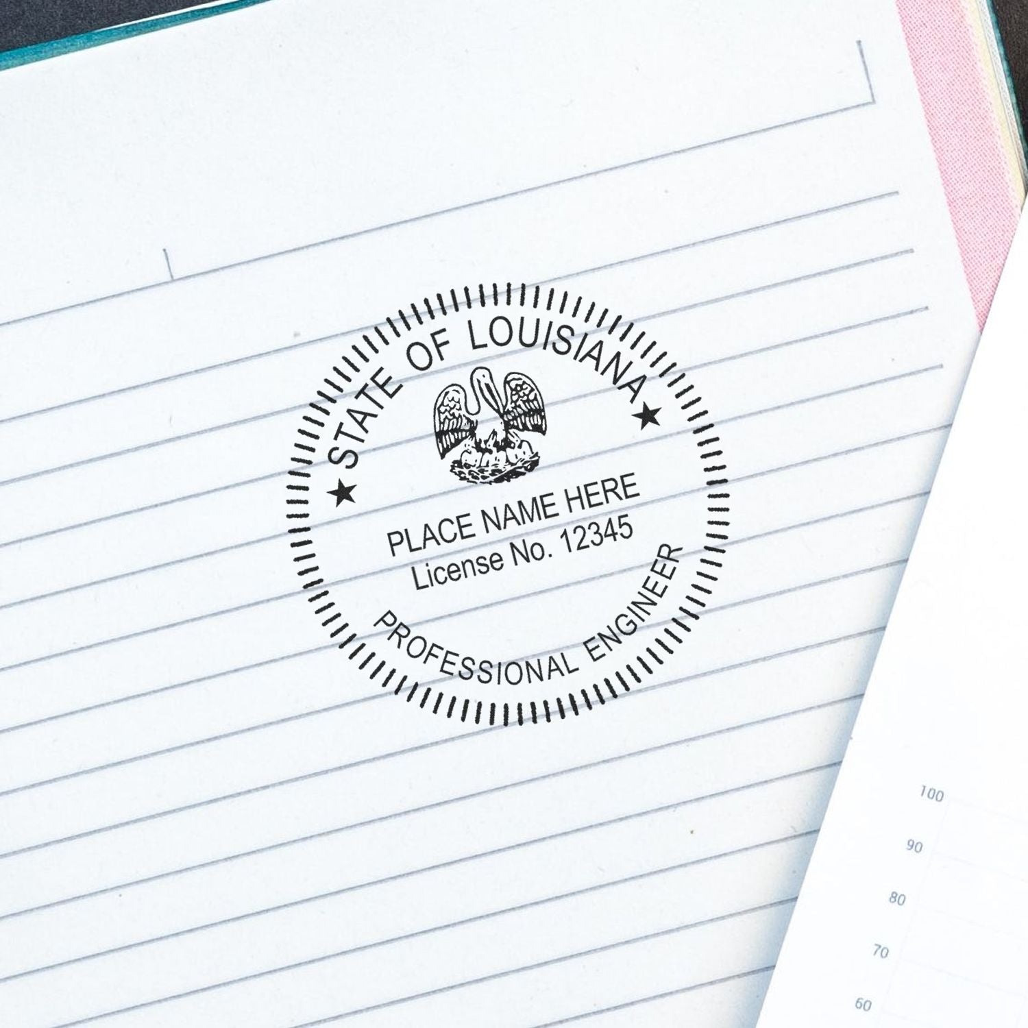 Louisiana Engineer Seal Stamp on a lined notebook page, showcasing the official stamp design for professional engineers in Louisiana.