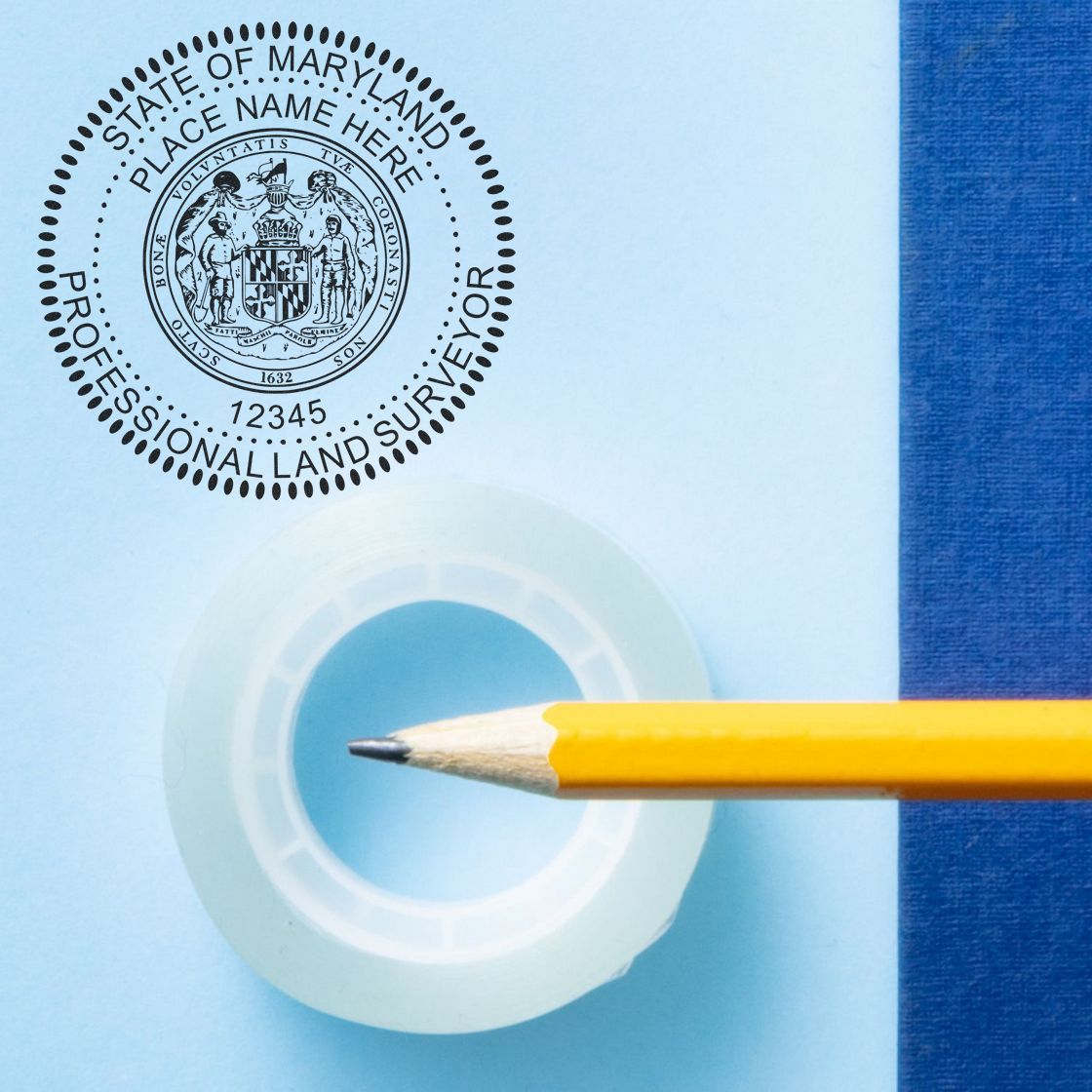 Mastering the Mark: Maryland Land Surveyor Seal for Success Feature Image showing a surveyor seal, pencil, tape, and blue notebook.