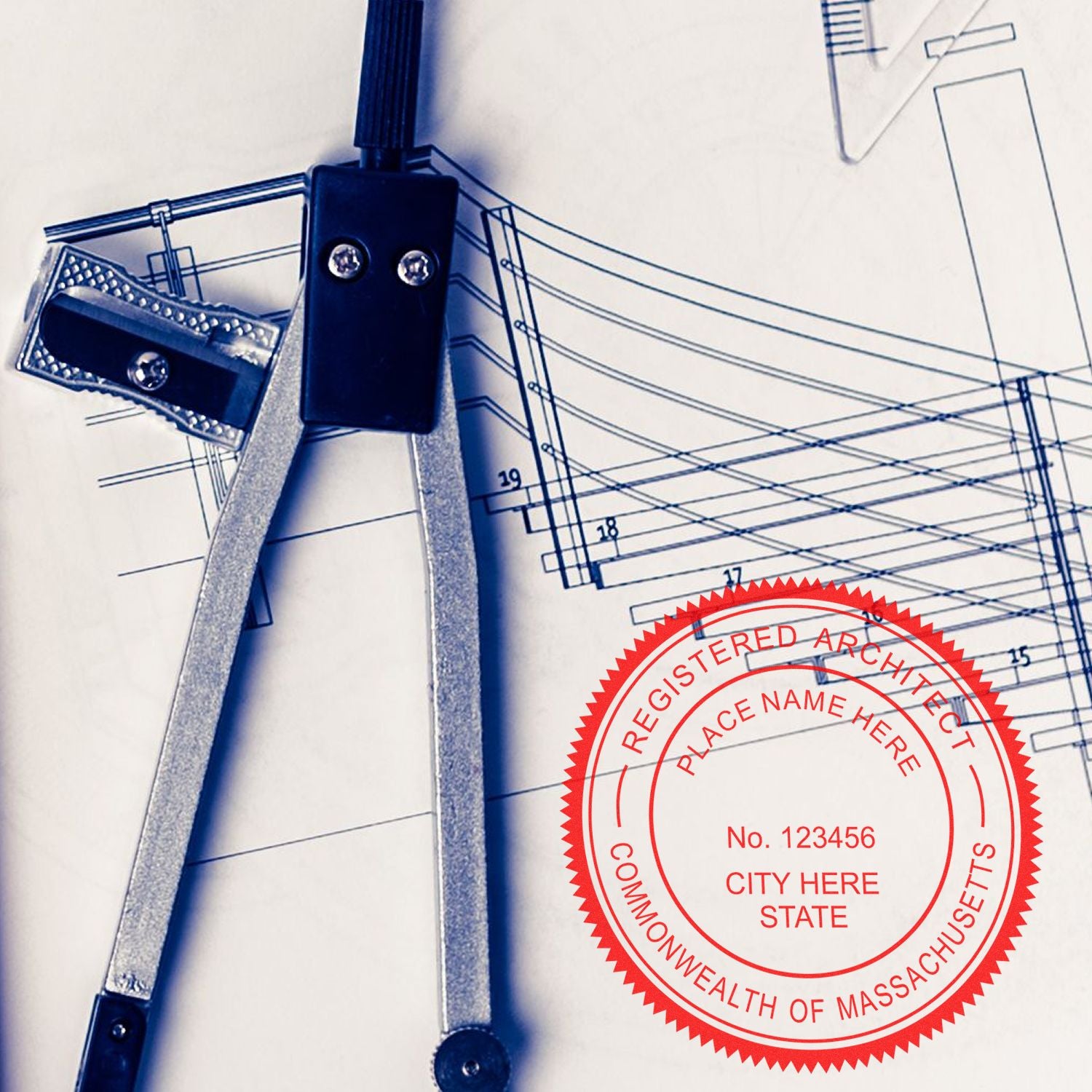 Blueprint with compass and Massachusetts Architecture Stamp Seal. Blog post: Massachusetts Architecture Stamp Seal.