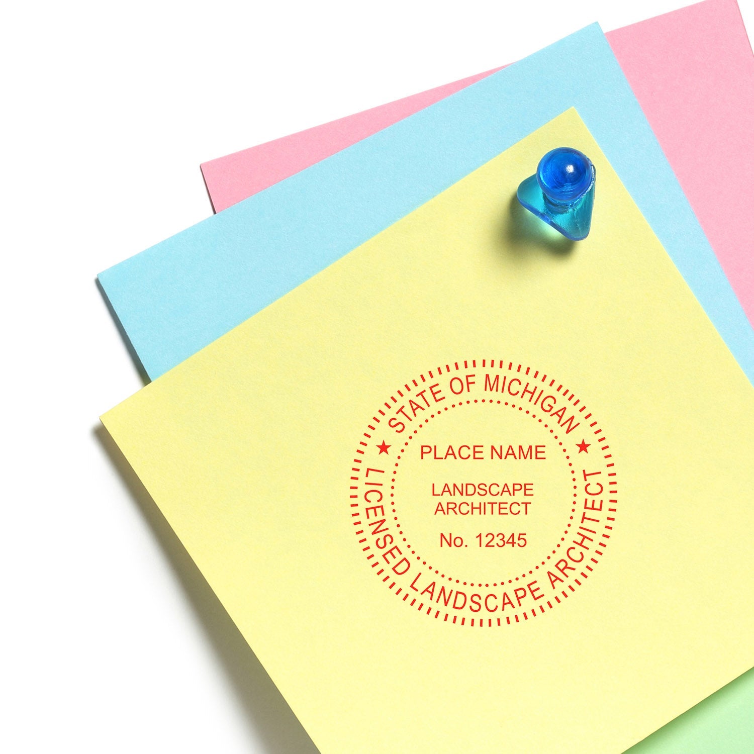 Michigan Landscape Architect Feature Image: State of Michigan licensed landscape architect seal stamp on colorful papers with a blue pushpin.