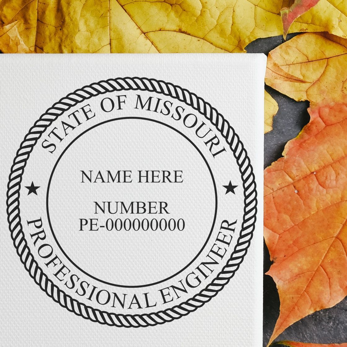 Stamp of Approval: Missouri's Top Professional Engineer Seal Feature Image. State of Missouri Professional Engineer seal on a canvas with autumn leaves.