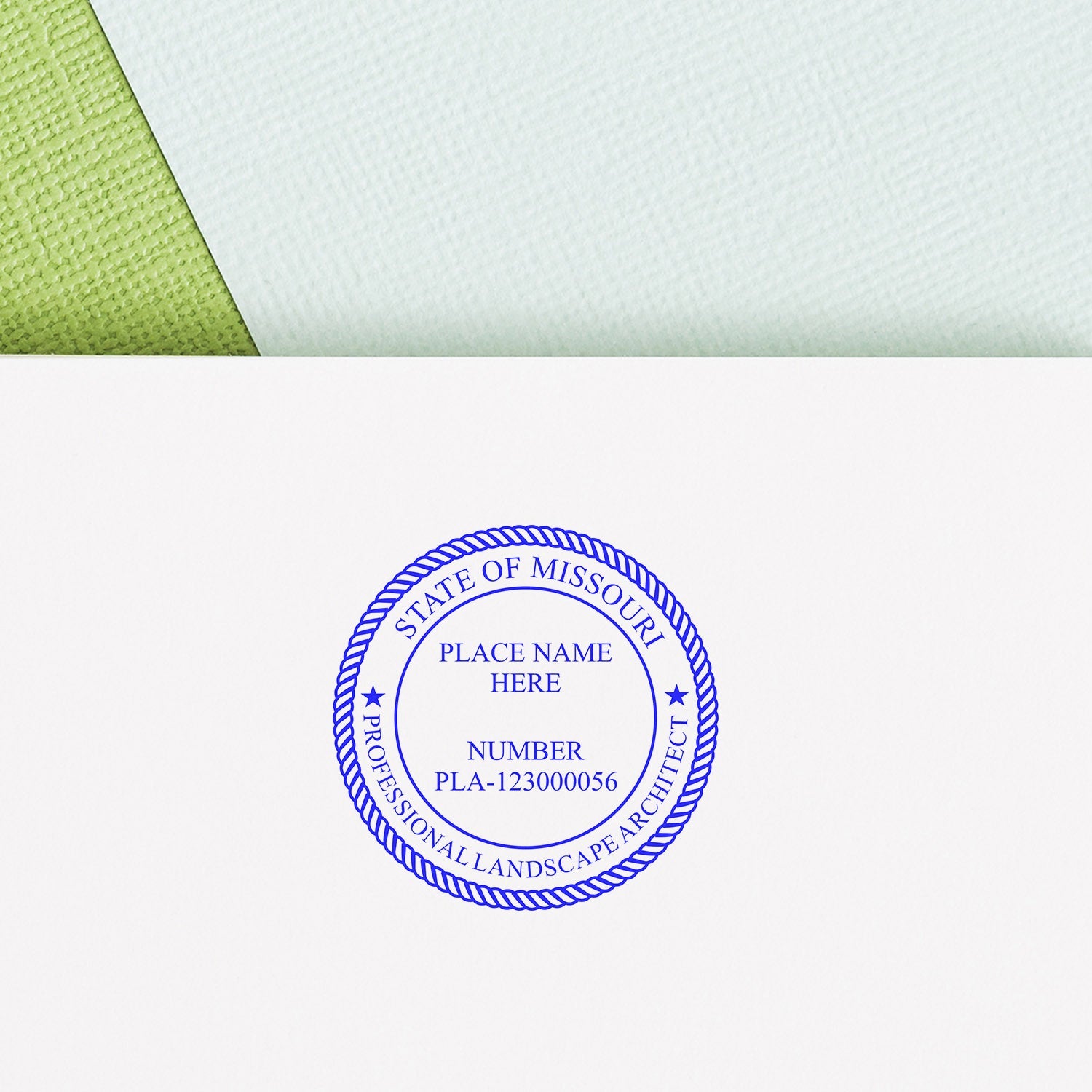 Missouri Landscape Architect Feature Image: Blue seal stamp for a professional landscape architect on a textured background.