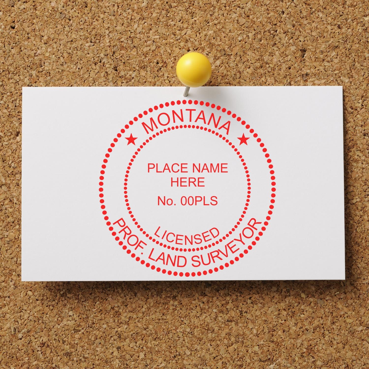 A red Montana land surveyor stamp on a white card pinned to a corkboard. Blog post: The Essential Guide to Montana Land Surveyor Stamp Guidelines.