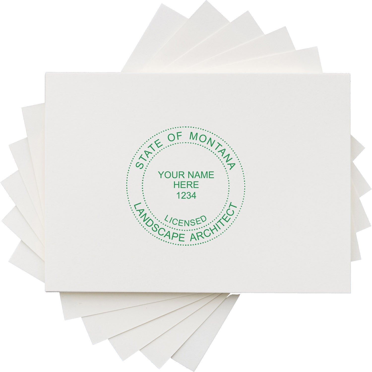 Montana Landscape Architect Feature Image: A white card with a green seal stamp reading State of Montana Licensed Landscape Architect and Your Name Here 1234.